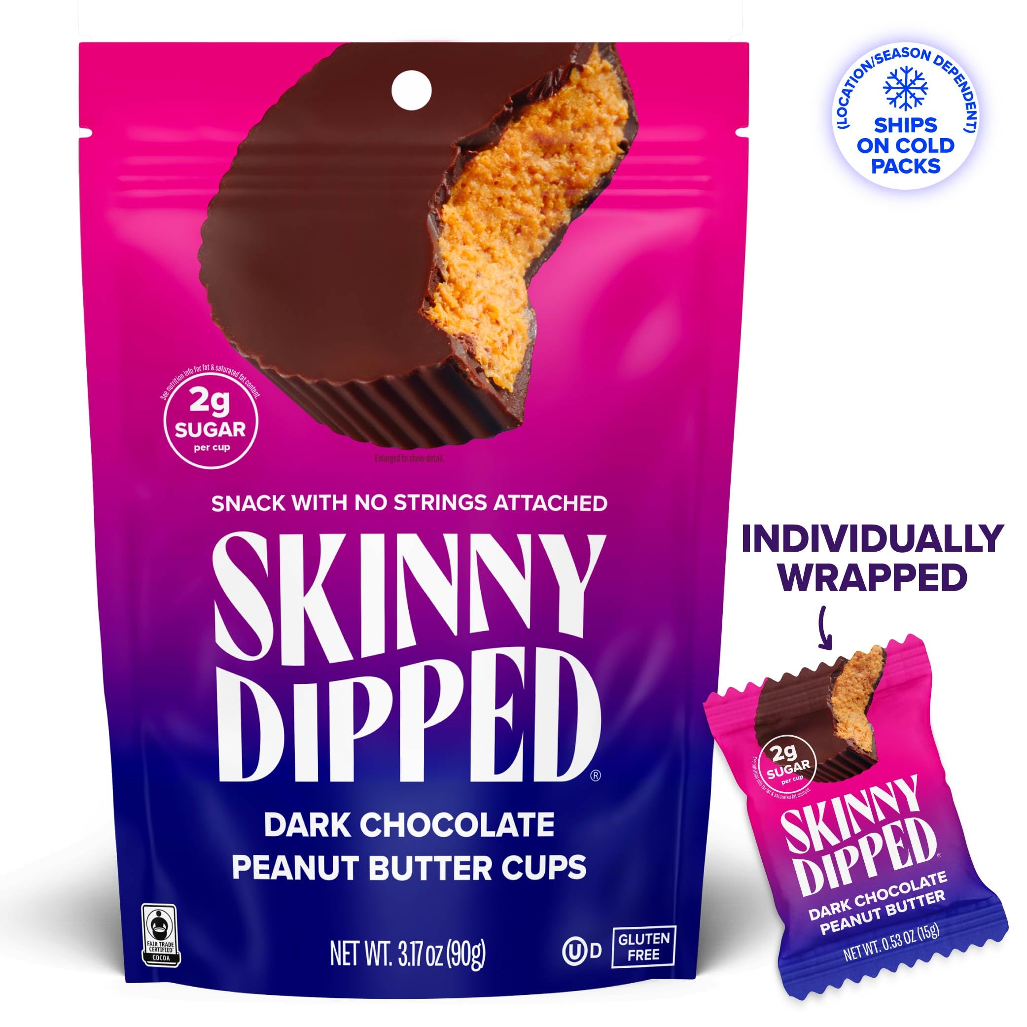 SkinnyDipped Dark Chocolate Peanut Butter Cups, 2g Sugar per Cup, Keto Friendly, Low Carb, Gluten Free, 3.2oz, 4 Pack (24 Cups Total)
