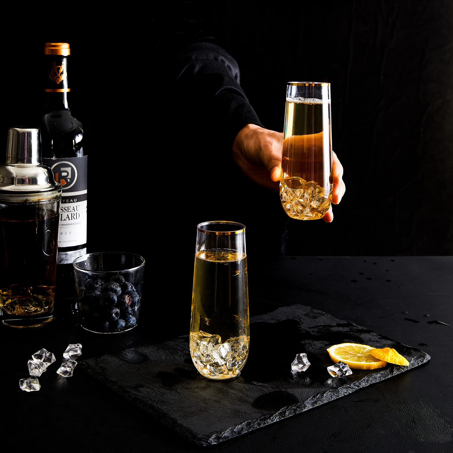 N9R 12PCS Plastic Champagne Flutes, 9 oz Stemless Disposable Gold Rim Toasting Glasses, Crystal Clear Cocktail Cups Drinkware Shatterproof Ideal for Party Wedding Birthday