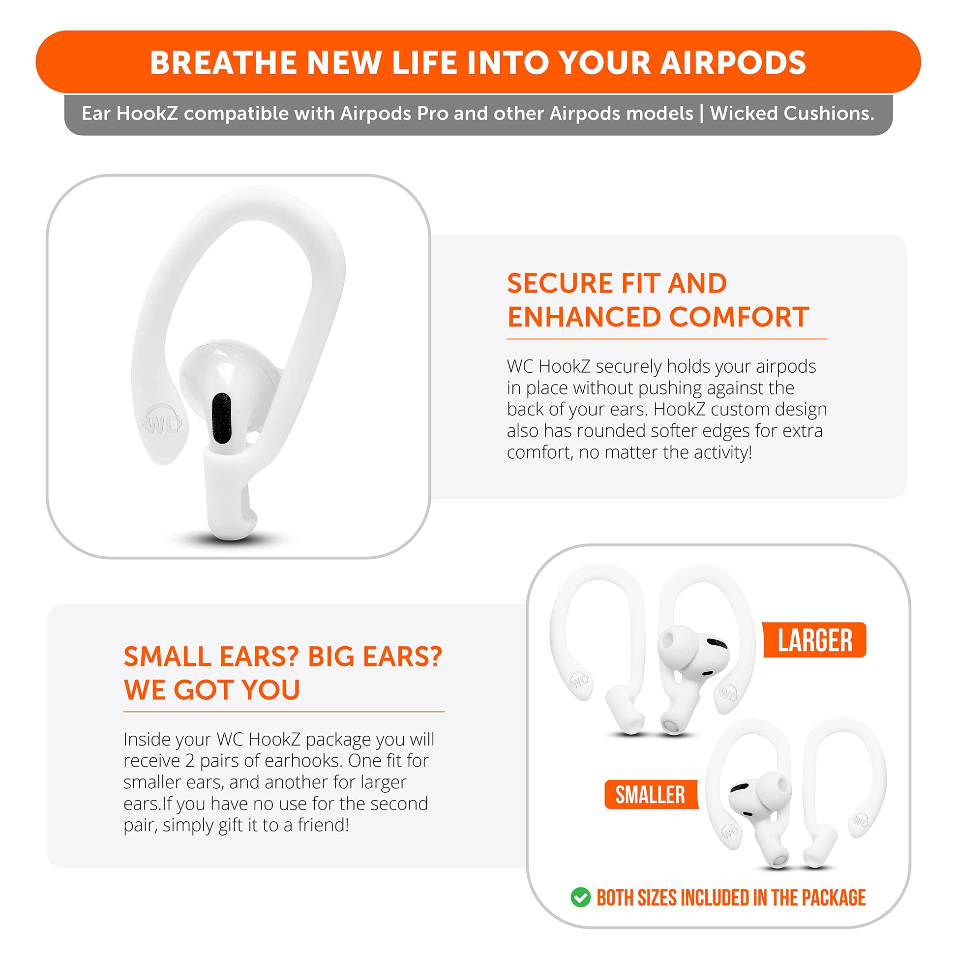 WC HookZ - Patented Upgraded Over Ear Hooks for AirPods Pro 1, 2 & AirPods 1, 2 & 3- Two Size Pairs Included in Package, Unique Left & Right Hook, Made by Wicked Cushions | Winter White
