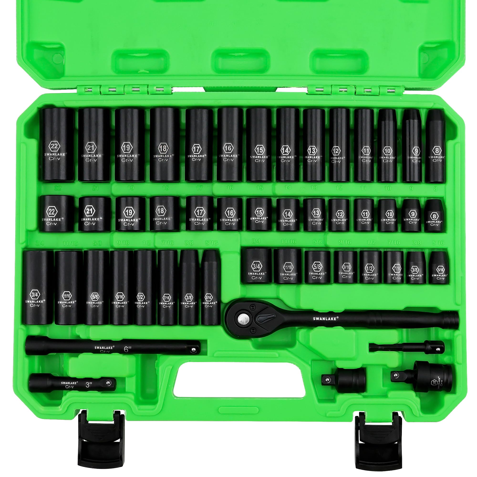 SWANLAKE GARDEN TOOLS 3/8'' Drive Impact Socket Set, 50-Piece Standard SAE (5/16 to 3/4 inch) and Metric (8-22mm) Size, 6 Point, Cr-V, 3/8-Inch Ratchet Handle, Extension Bar, Universal Joint