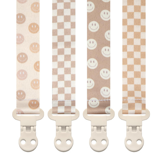 Stadela Baby Pacifier Clip Holder - Girl or Boy Unisex 4 Pack Gift Set - Retro Checker and Smiley Faces Design