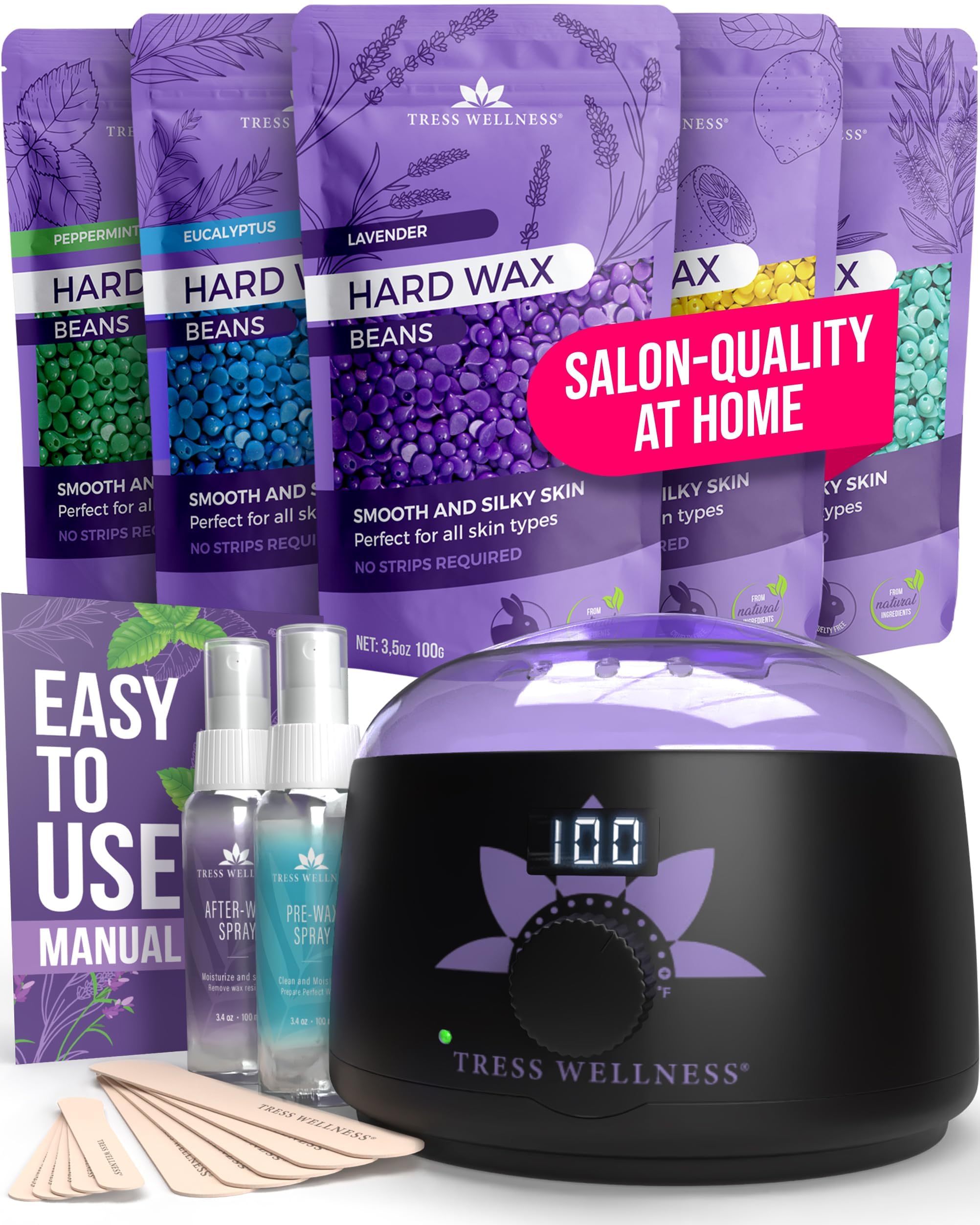 Tress Wellness Waxing-Kit für empfindliche Haut, sicher für Gesicht & Haut, Vorbereitungs- und Nachbehandlungsspray, einfach anzuwenden, Kit für Zuhause für Gesicht, Bikinizone, Brazilian & Ganzkörper – Digitalanzeige, Schwarz-Lila Blume