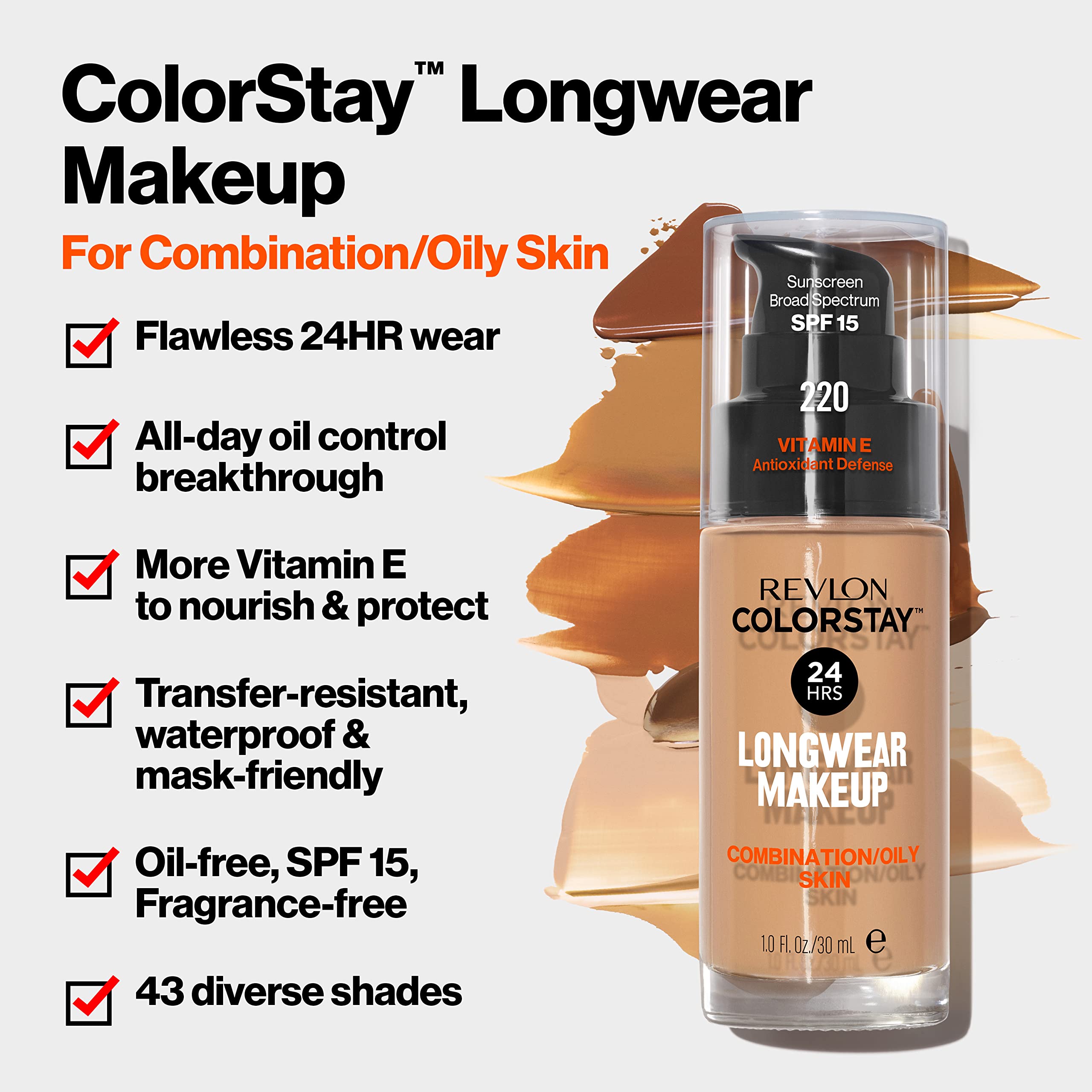 Revlon Liquid Foundation, ColorStay Face Makeup for Combination & Oily Skin, SPF 15, Longwear Medium-Full Coverage with Matte Finish, Buff (150), 1.0 Oz