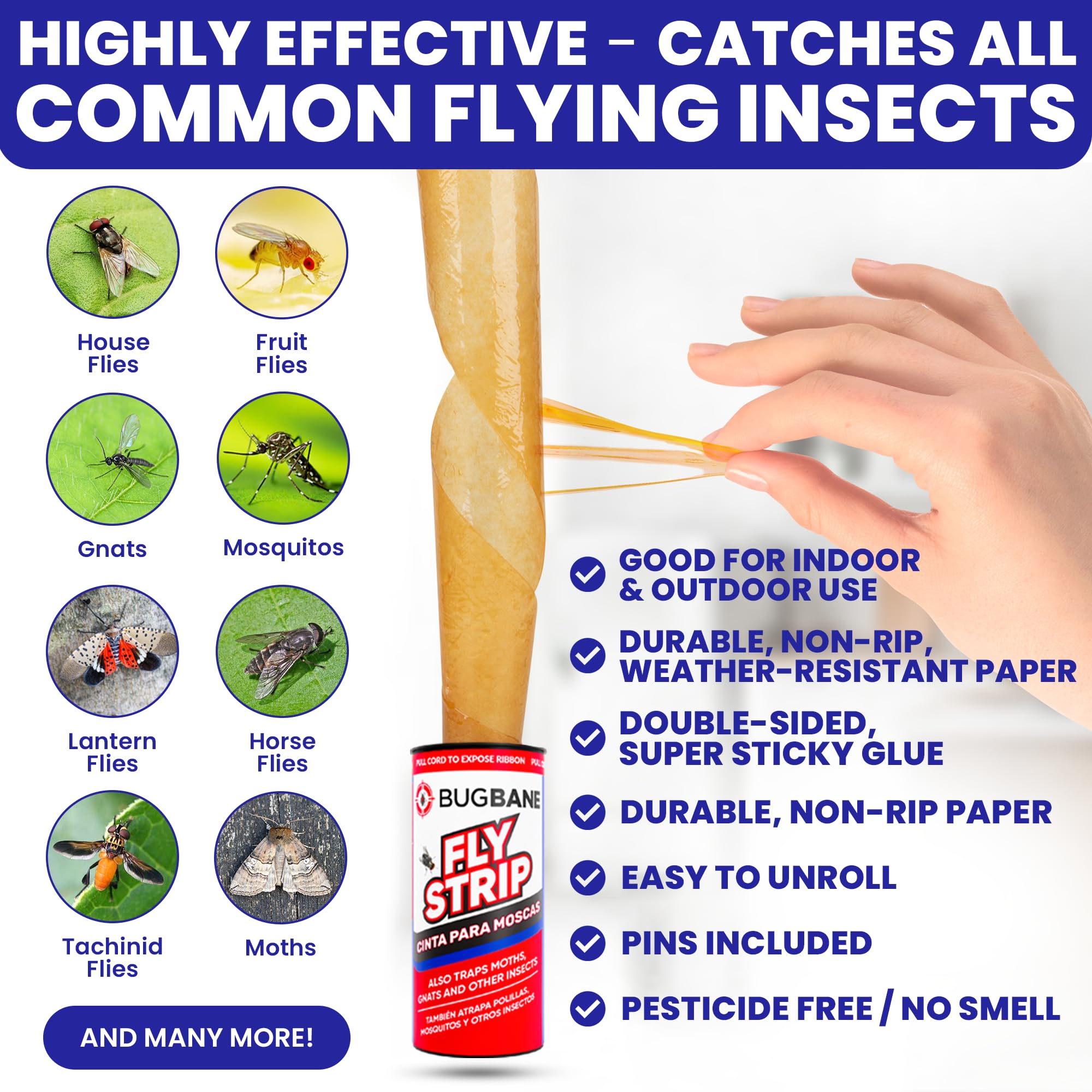 Fly Strips Indoor Sticky Hanging 24pk with Pins. Non Toxic Outdoor Fly Trap Indoor for Home. Flies Tape Paper Trap Ribbon Roll for House Gnat Fruit and Housefly. Bug Catchers for Inside Home Flypaper