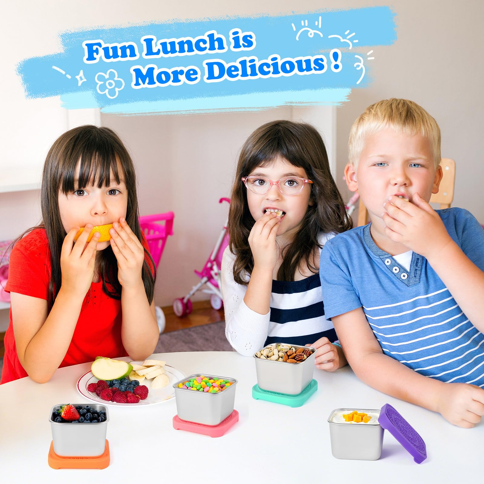 4Pack 6oz Reusable Stainless Steel Snack Containers for Kids, Easy Open Leak Proof Metal Small Toddler Snack Containers with Silicone Lids, Stackable Metal Toddler Lunch Box for Daycare School Travel