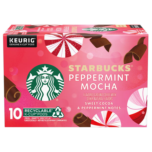 Starbucks K-Cup Coffee Pods, Peppermint Mocha Naturally Flavored Coffee for Keurig Coffee Makers, 100% Arabica, Limited Edition Holiday Coffee, 1 Box (10 Pods)