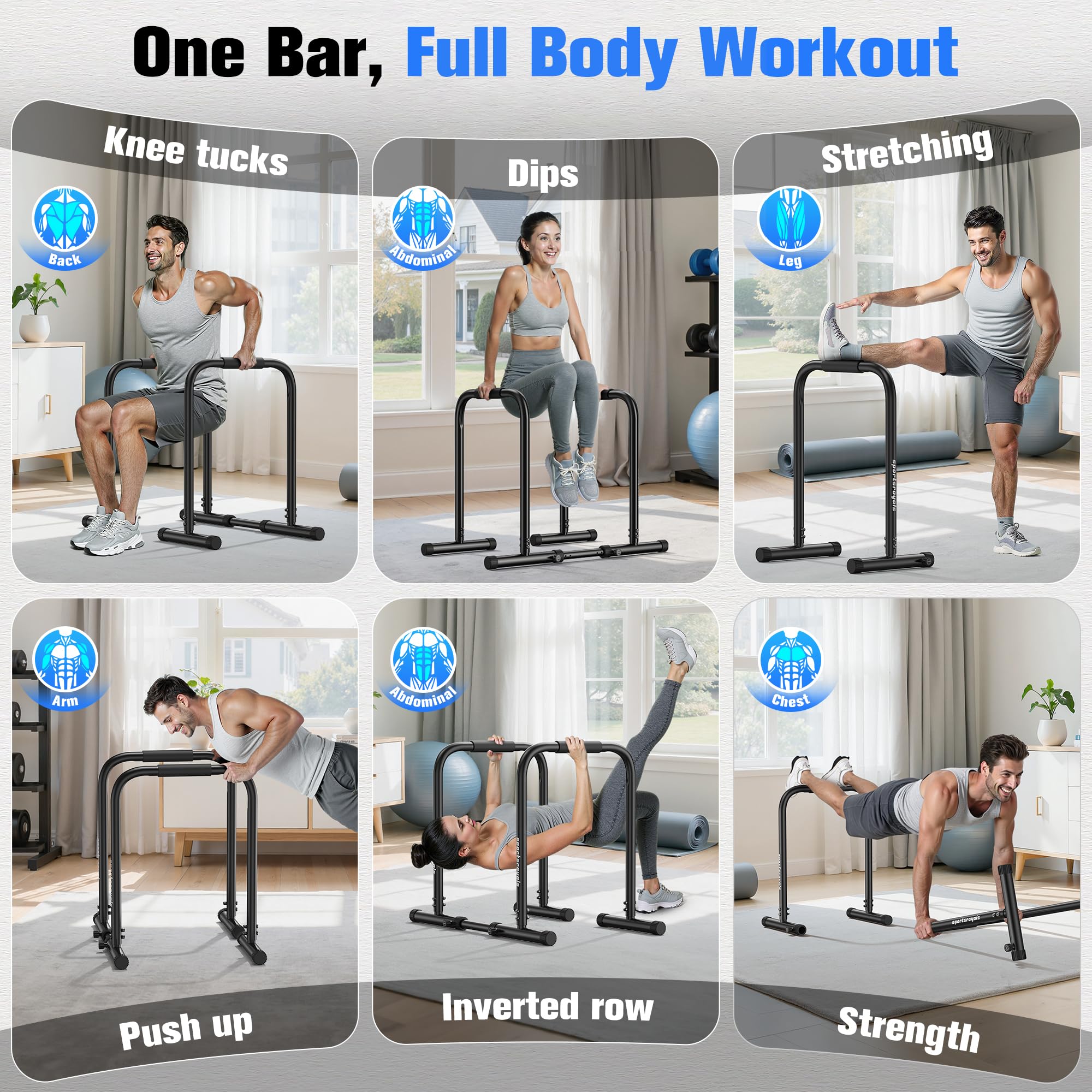 Sportsroyals Adjustable Dip Bar Station, Heavy Duty Parallette & Parallel Bars, 400LBS Stable Dip Stands for Home Gym, Calisthenics & Upper Body Workout Equipment