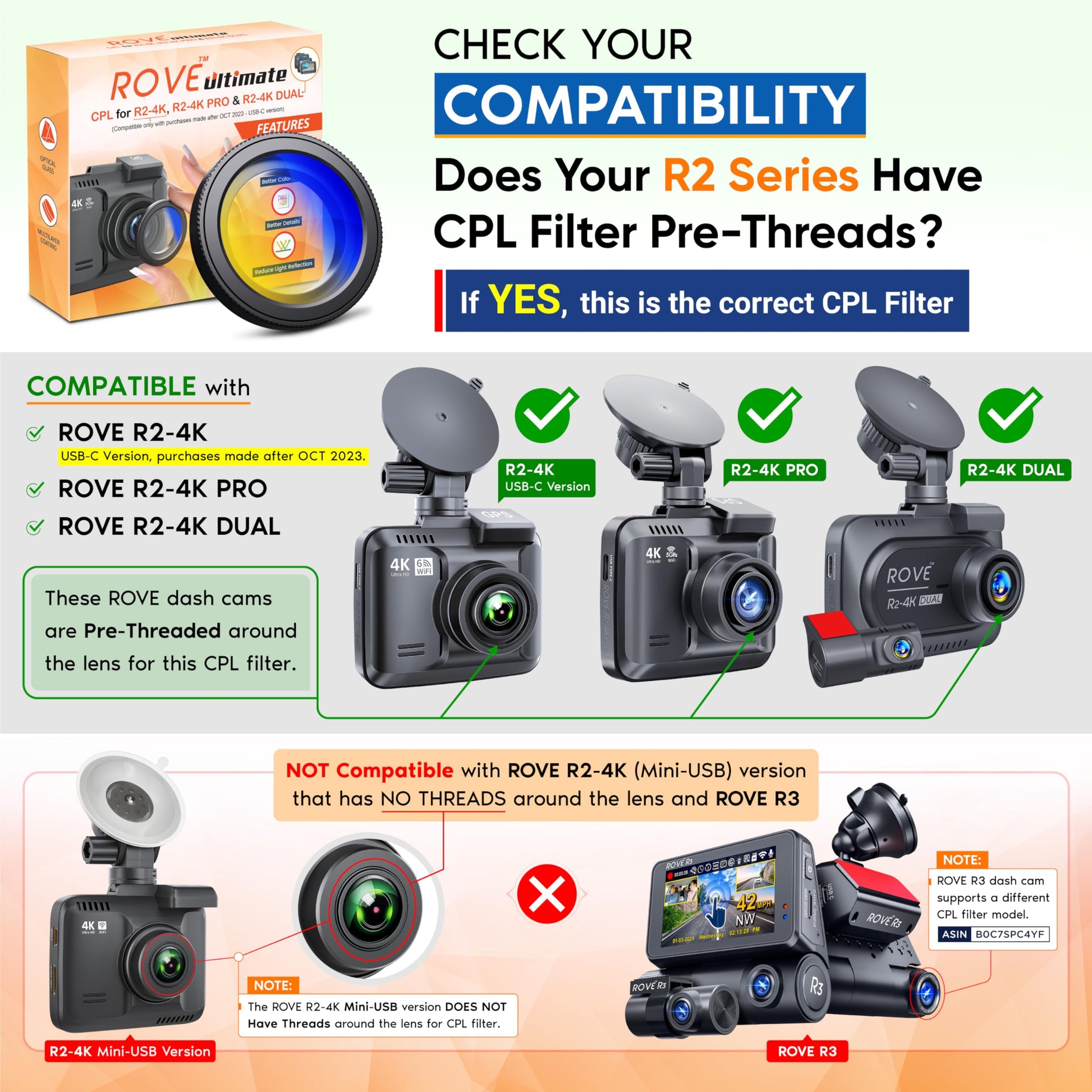 ROVE Ultimate CPL Filter, Anti-Glare Circular Polarizer Lens for ROVE R2-4K, R2-4K PRO, and R2-4K Dual Dash Cam Models