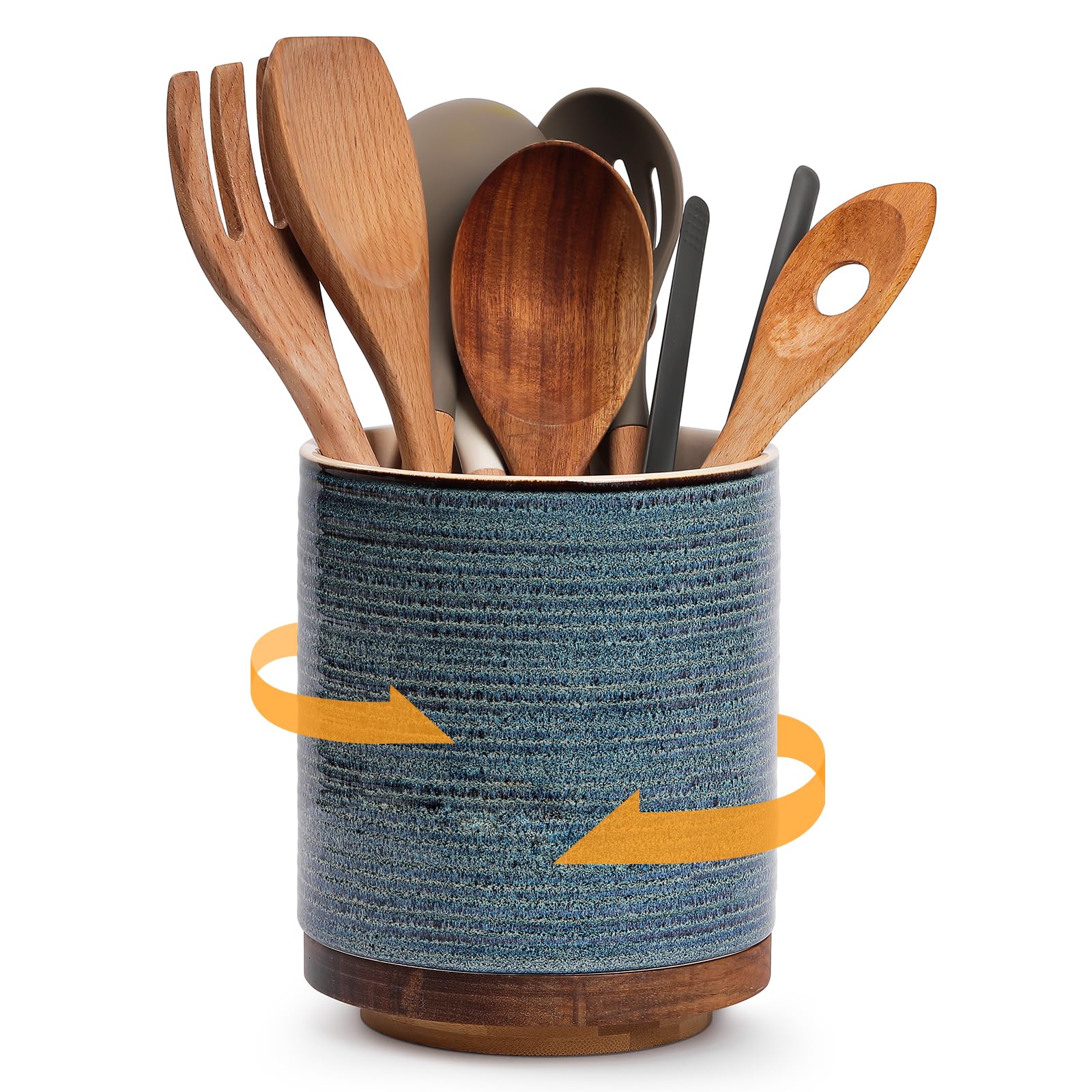 DOWAN 360 degrees Rotating Extra Large Cooking Utensil Holder, 7.6" Kitchen Utensil Holder for Countertop, Utensil Crock for Farmhouse Kitchen Decor, Ceramic Stable Utensil Caddy, Blue