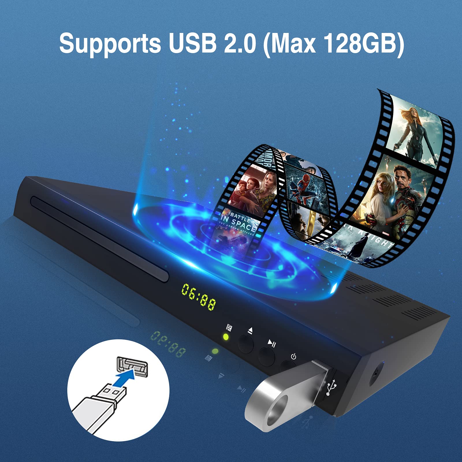 Blu Ray DVD Player, 1080P Home Theater Disc System, Play All DVDs and Region A 1 Blu-Rays, Support Max 128G USB Flash Drive + HDMI/AV/Coaxial Output + Built-in PAL/NTSC with HDMI/AV Cable