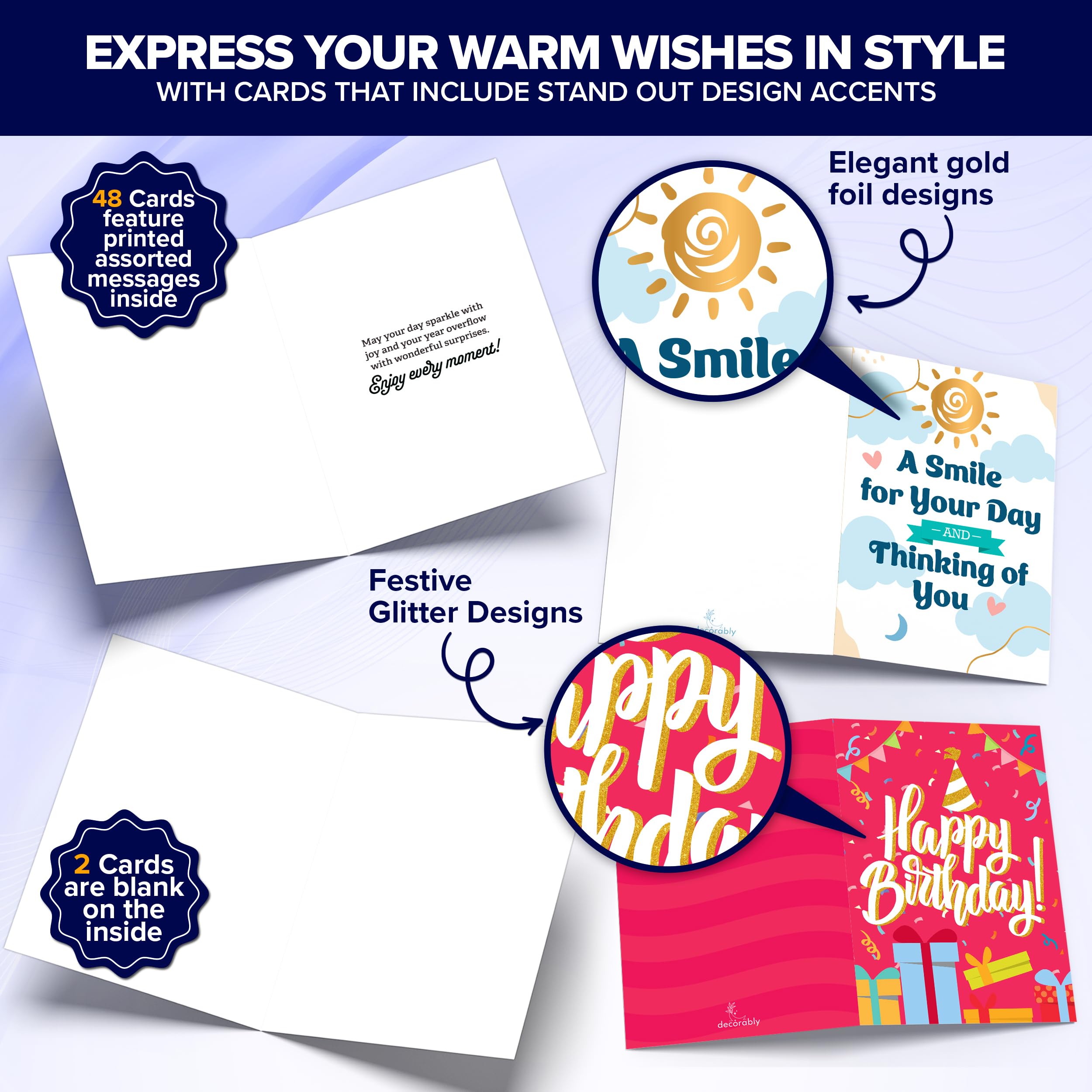 Decorably 50 Pack Gold Foiled and Glittery 5x7in All Occasion Cards Assortment Box with Envelopes & Stickers, 50 Unique Designs All Occasions Greeting Cards Assortment Box with Printed Message Inside