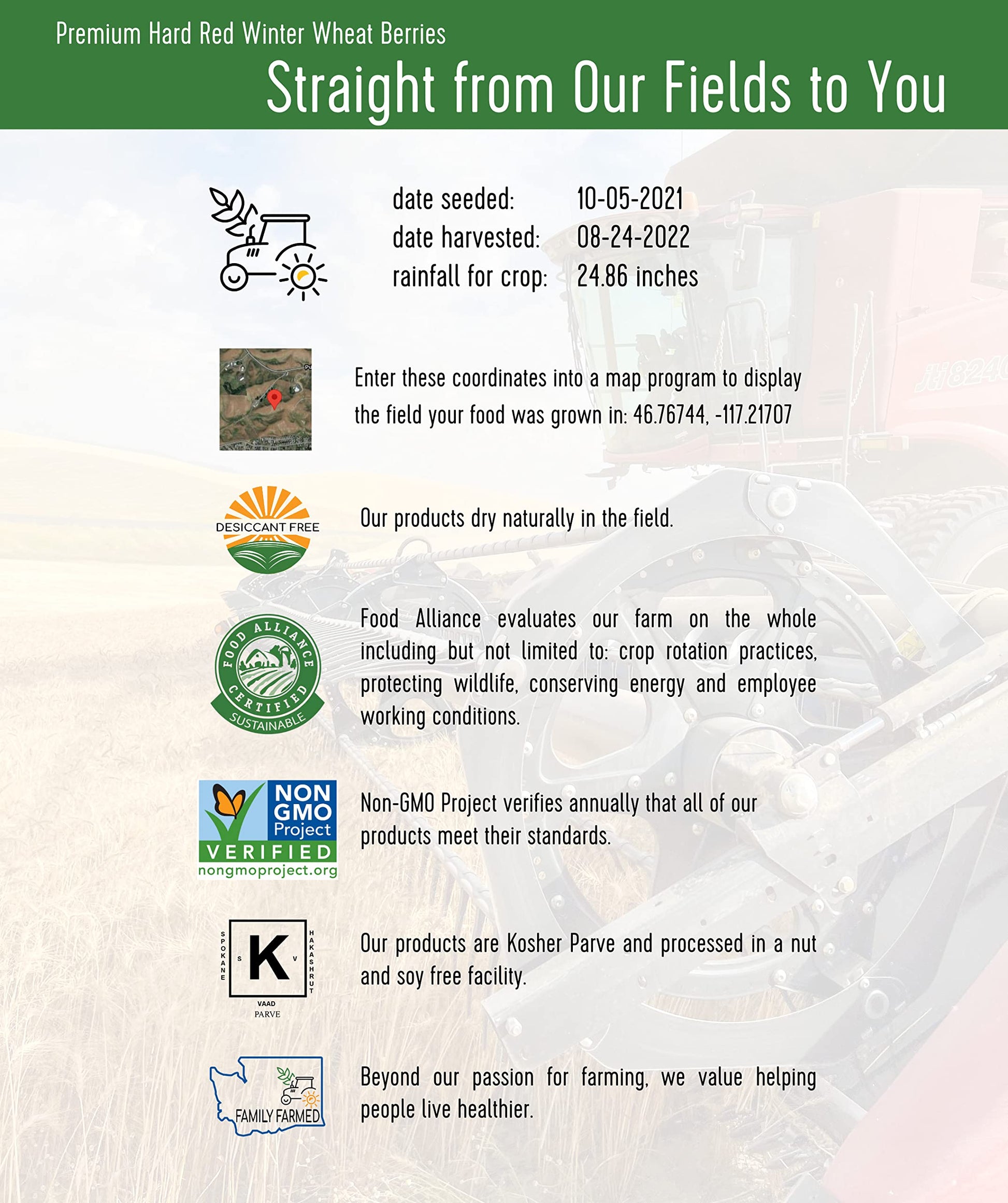 Certified Glyphosate Residue Free Hard Red Winter Wheat Berries | 5 LBS | Family Farmed in Washington State | Non-GMO Project Verified | 100% Non-Irradiated | Certified Kosher Parve | Field Traced | Burlap Bag