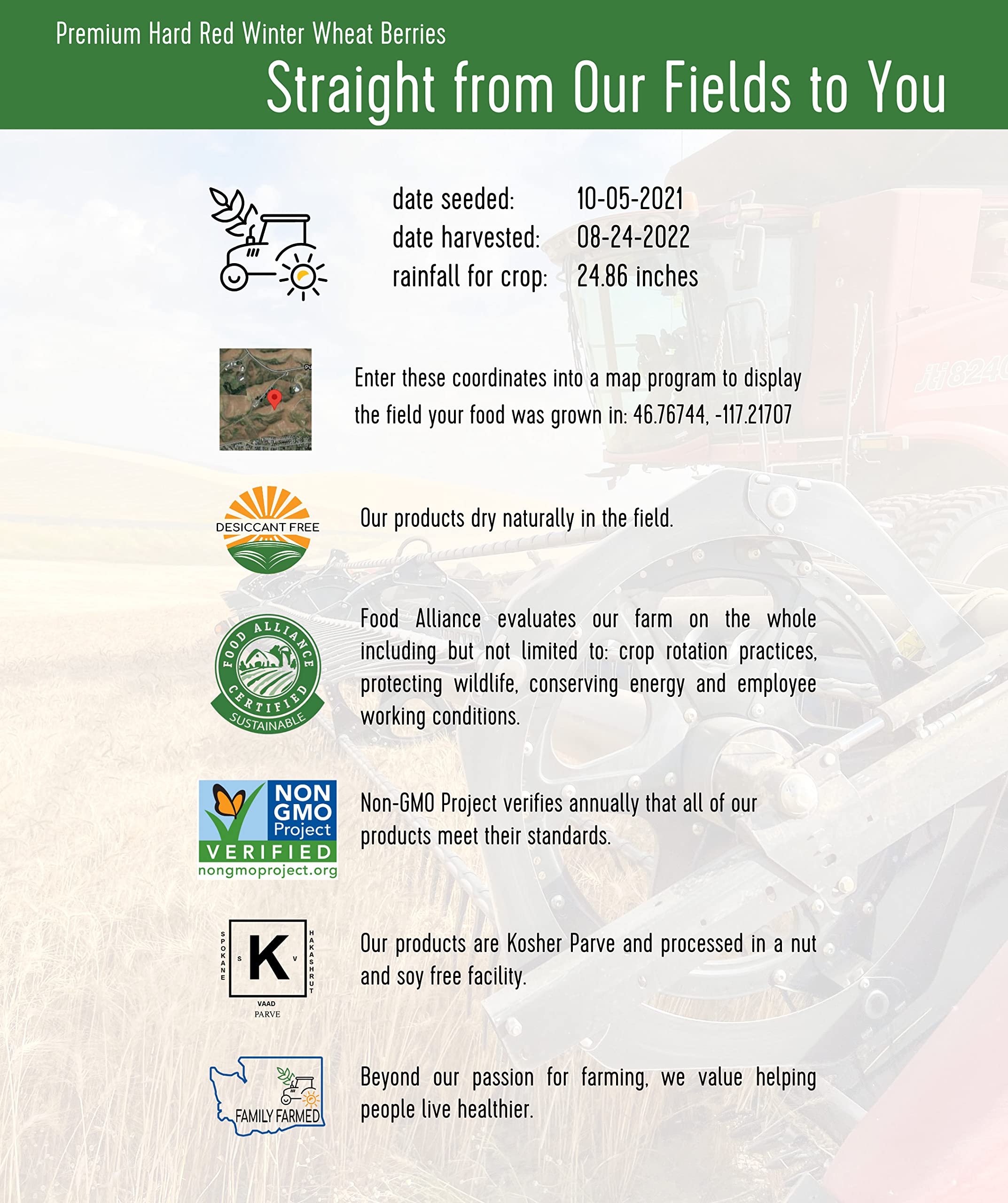 Certified Glyphosate Residue Free Hard Red Winter Wheat Berries | 5 LBS | Family Farmed in Washington State | Non-GMO Project Verified | 100% Non-Irradiated | Certified Kosher Parve | Field Traced | Burlap Bag