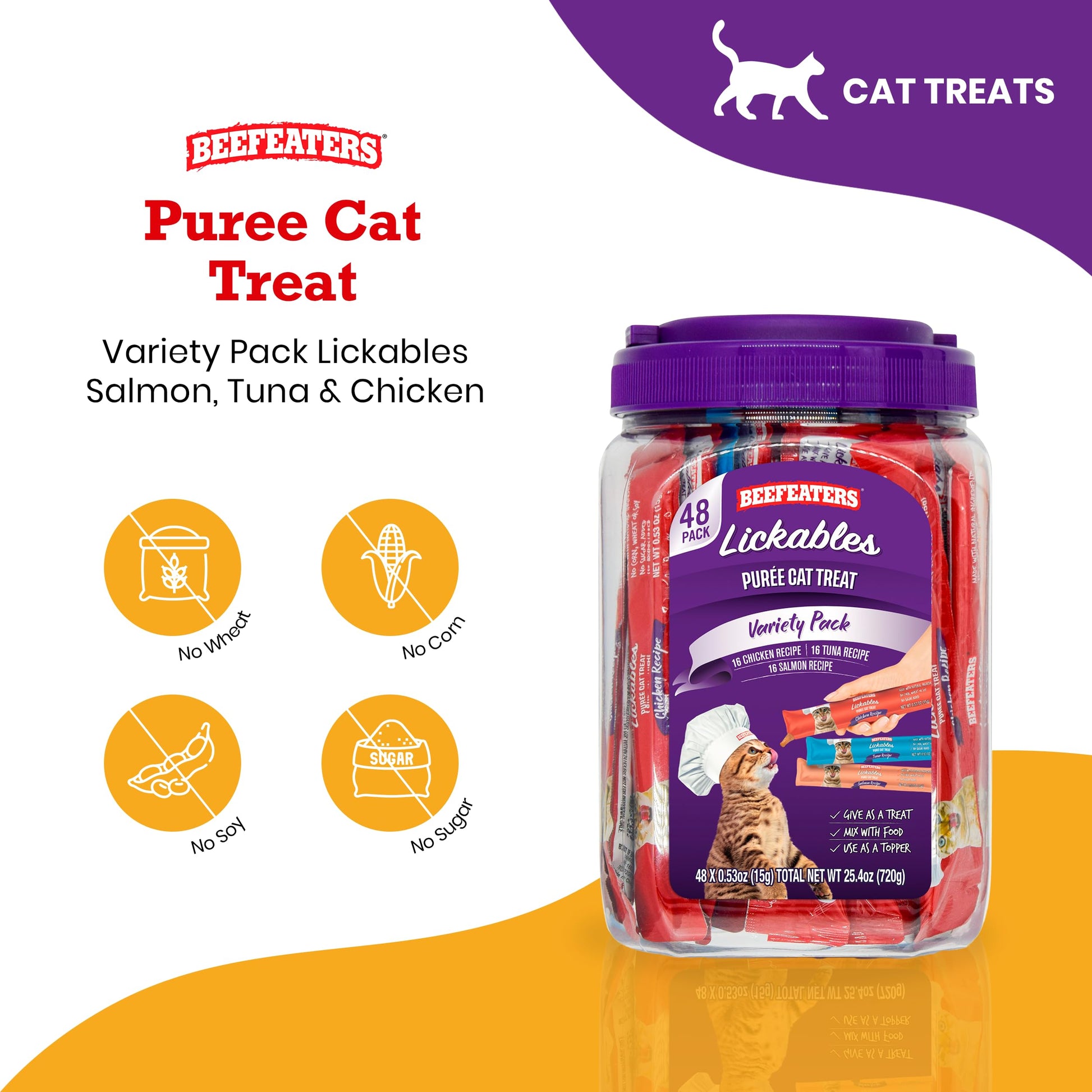 Beefeaters Cat Treats Variety Pack Lickable Puree 48ct – Salmon, Tuna & Chicken, Grain-Free, Taurine-Enriched, Ideal for Training & Interactive Feeding