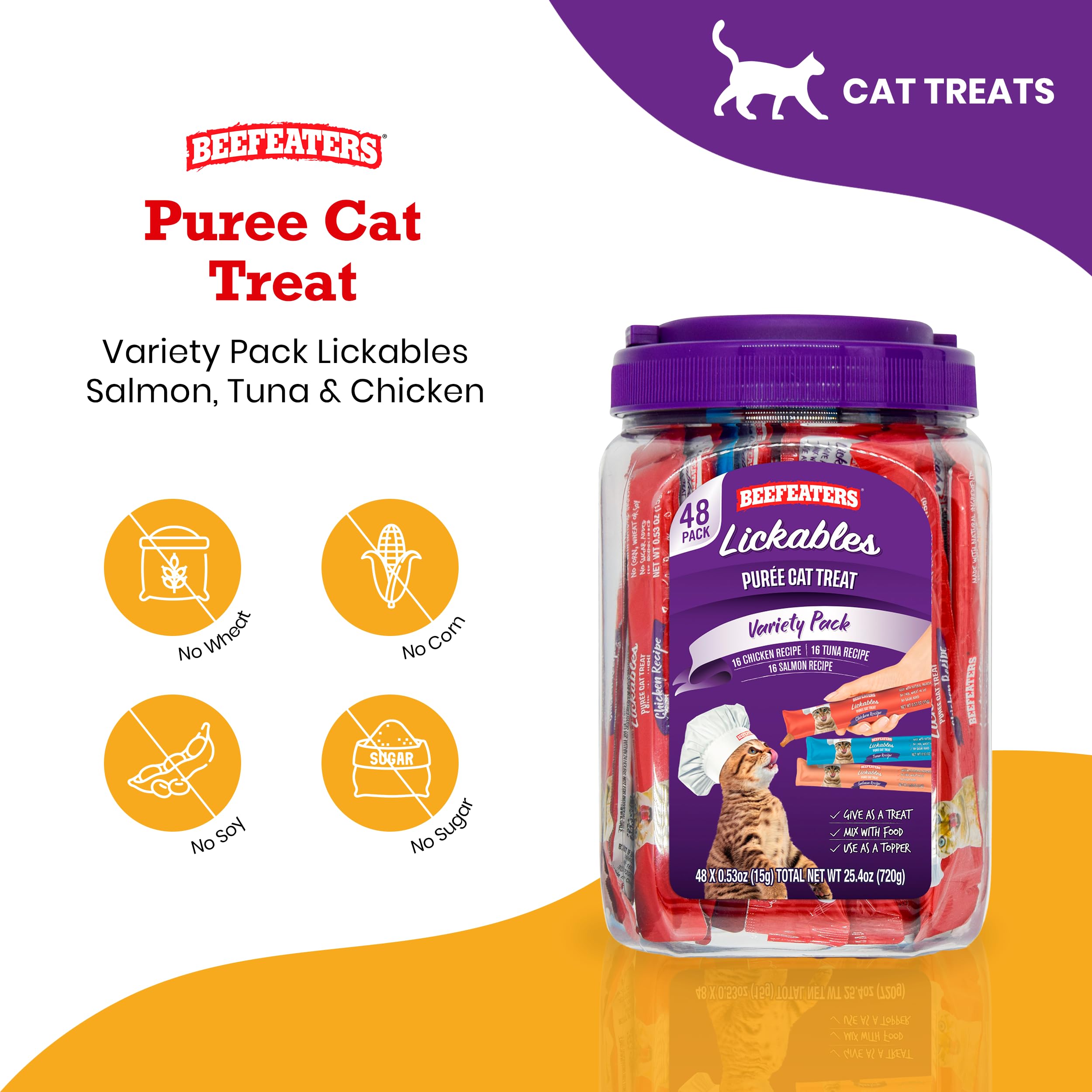 Beefeaters Cat Treats Variety Pack Lickable Puree 48ct – Salmon, Tuna & Chicken, Grain-Free, Taurine-Enriched, Ideal for Training & Interactive Feeding
