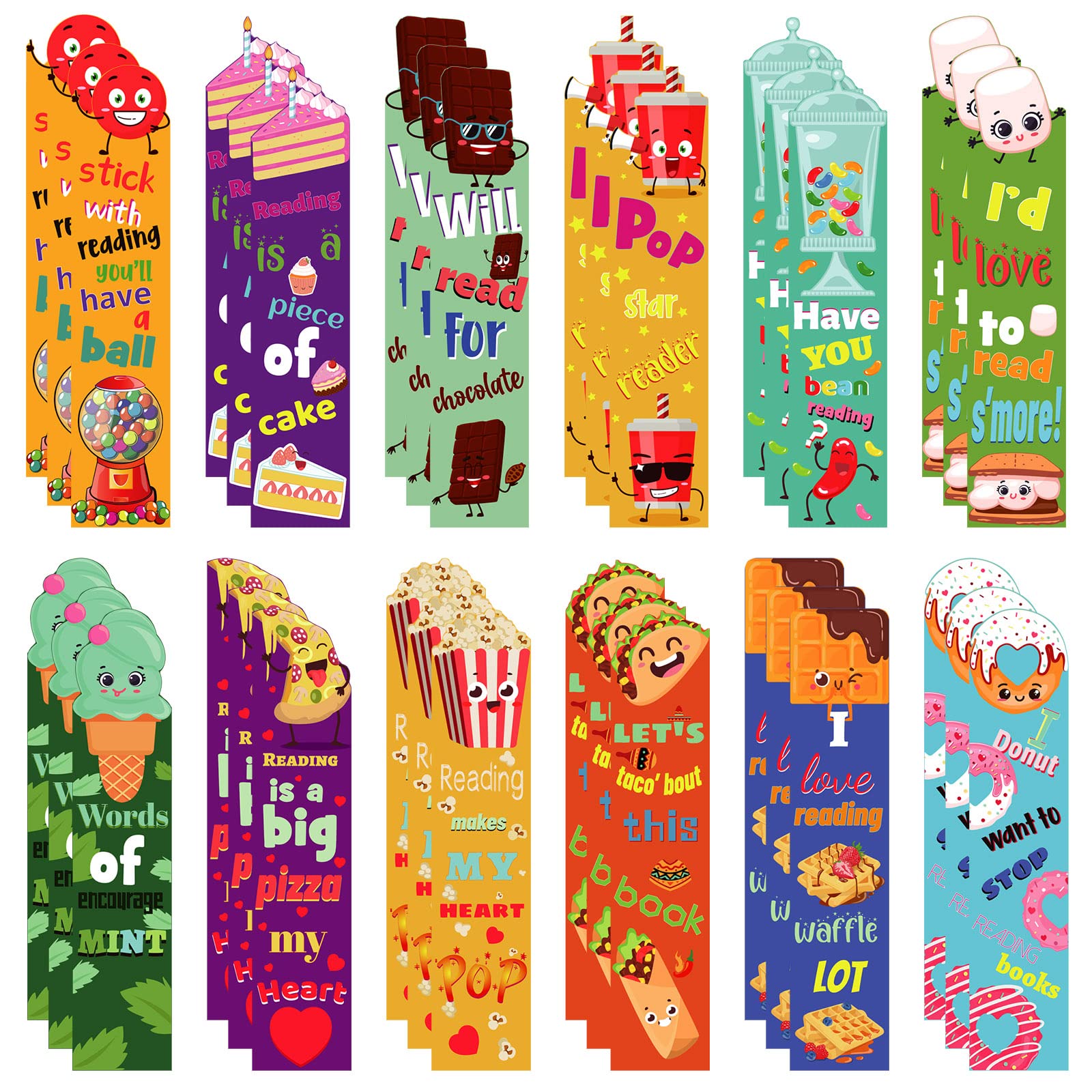 Fainne Scented Bookmarks for Kid Fruit Scratch and Sniff Bookmarks Fun Bookmarks Classroom Bookmark Colorful Chocolate Popcorn Donut Dessert Bookmark Teenager School Office Home, 12 Style(36 Pieces)