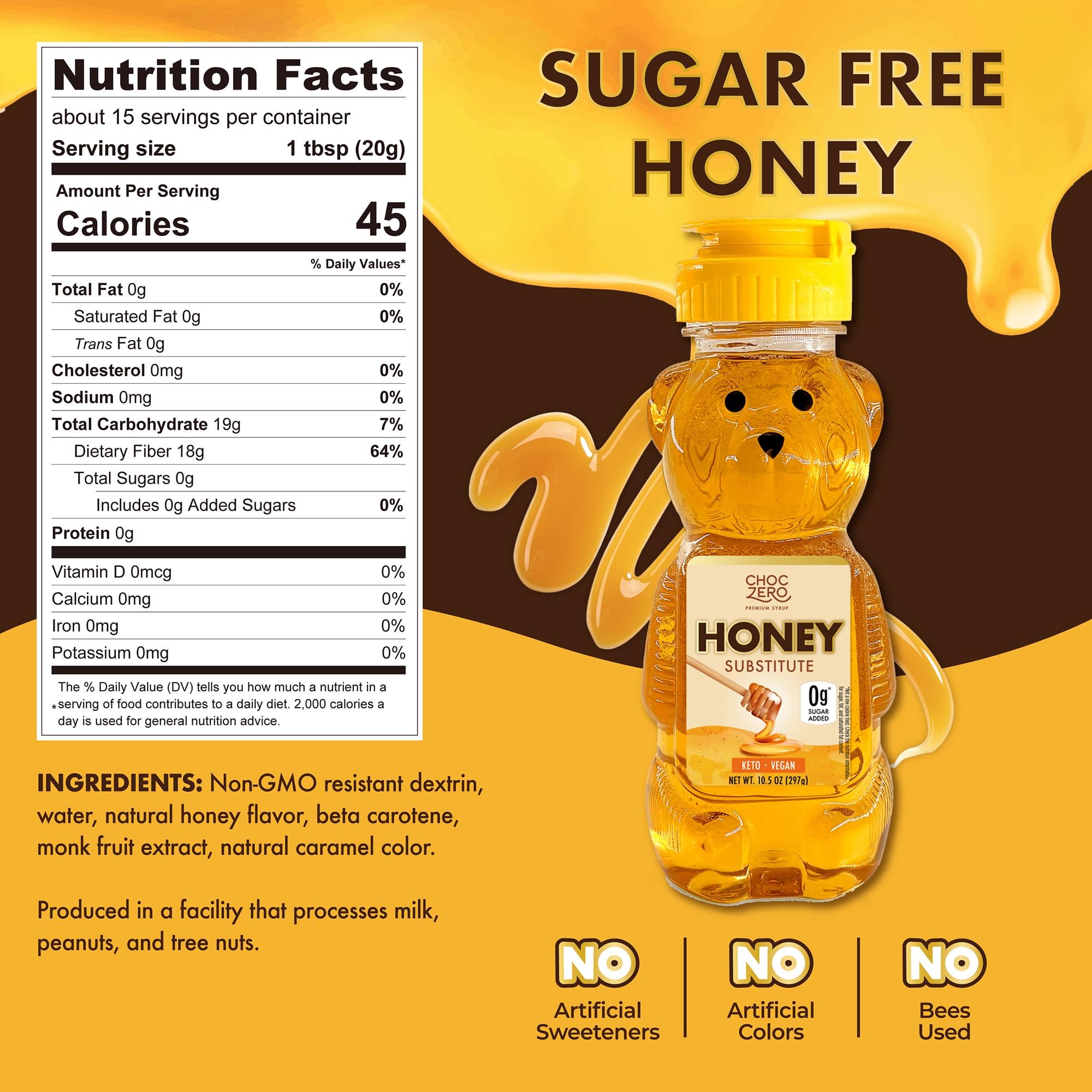 ChocZero Sugar Free Honey, 1:1 Natural Honey Equivalent, Same Sweetness and Consistency as Raw Honey, Keto Friendly, Vegan (1 Jar, 10.5oz)