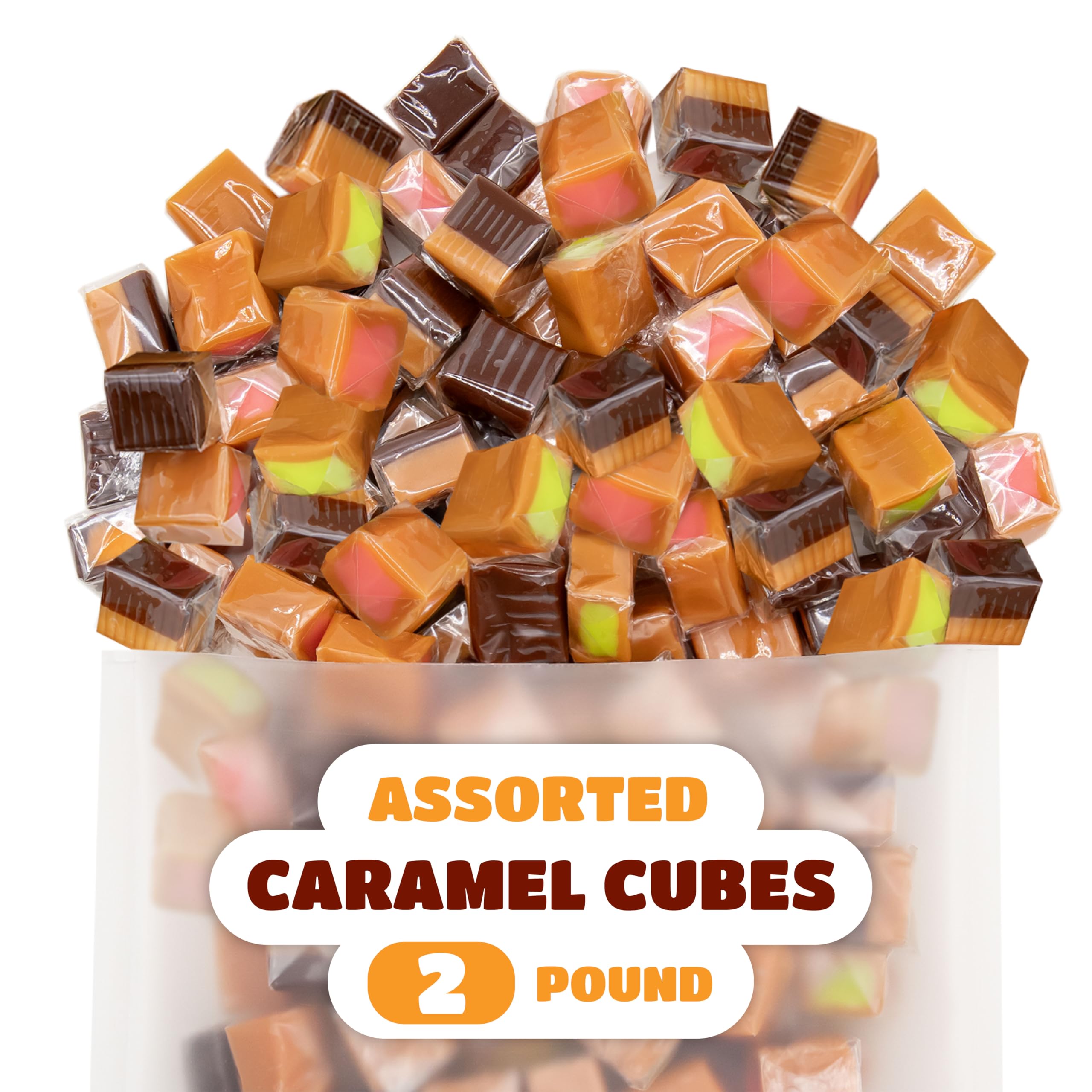 Caramel Cubes Candy Mix - 2 Pound Bulk Pack (About 150 Count) - Filled Creamy Caramels Individually Wrapped - Vanilla, Chocolate, Apple, Strawberry - Assorted Chews