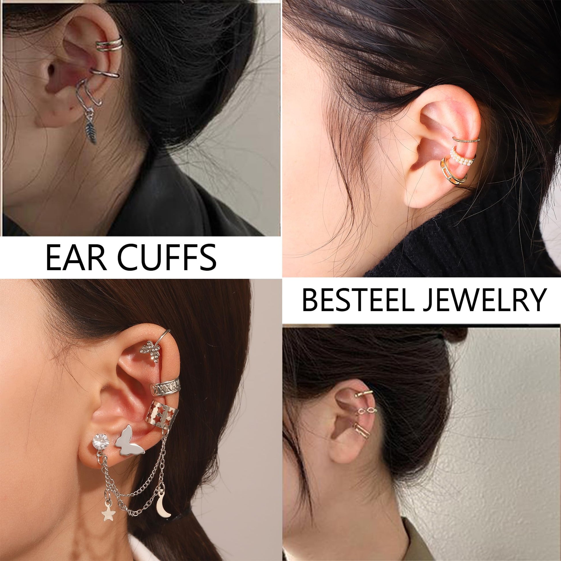 BESTEEL 66 Pcs Ear Cuff Earrings for Women Non Piercing, Hypoallergenic Silver Clip on Cartilage Fake Earrings for Sensitive Ears, Gold Ear Wrap Earrings for Helix Cartilage, Cross X Double Line Cat Claw Cz Pearl Star Butterfly Ear Cuffs Non Piercing