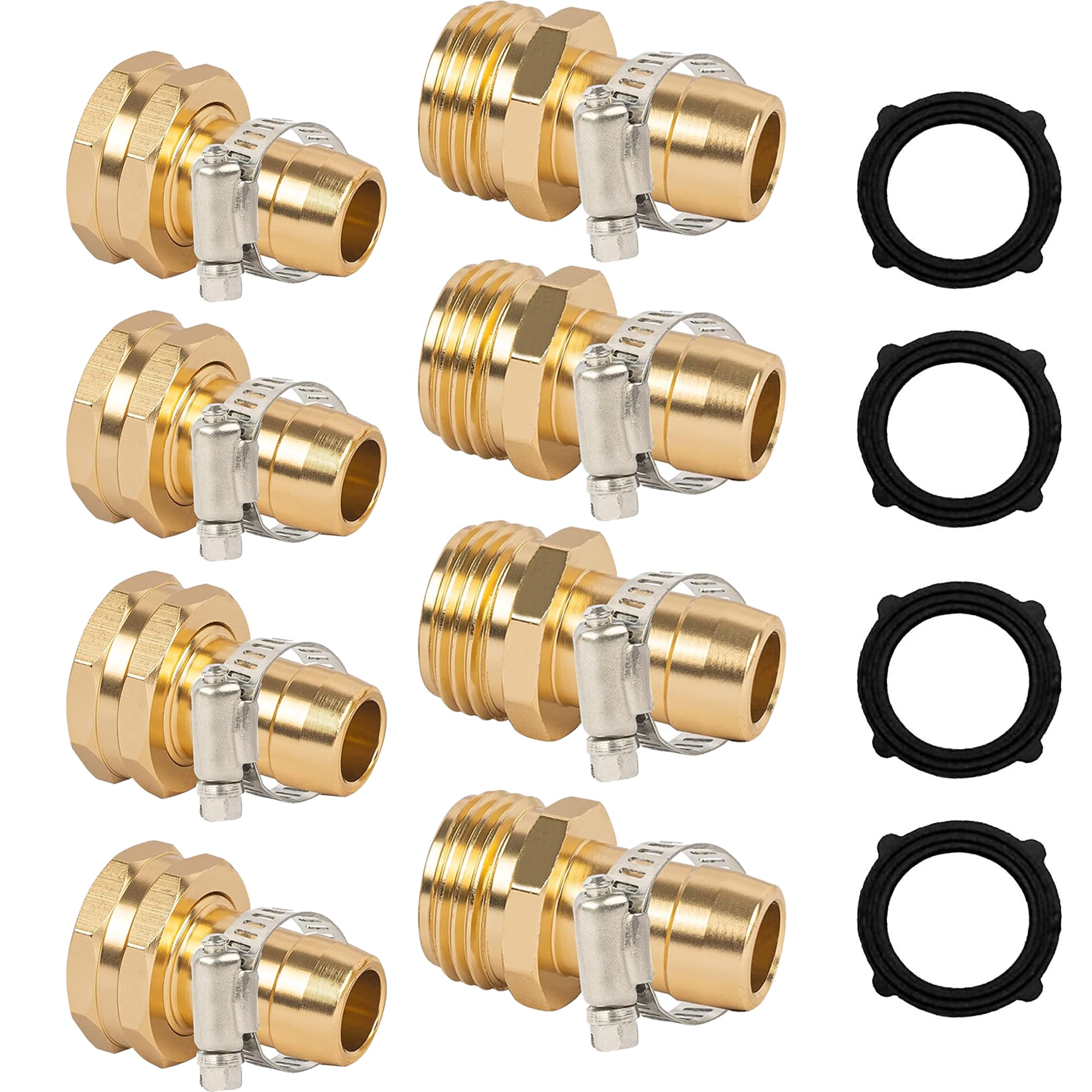 LIULO TOOL Garden Hose Repair Connector with Clamps, Fit for 3/4" or 5/8" Aluminum Garden Hose Fitting, Male and Female Hose Fittings, 4 Sets