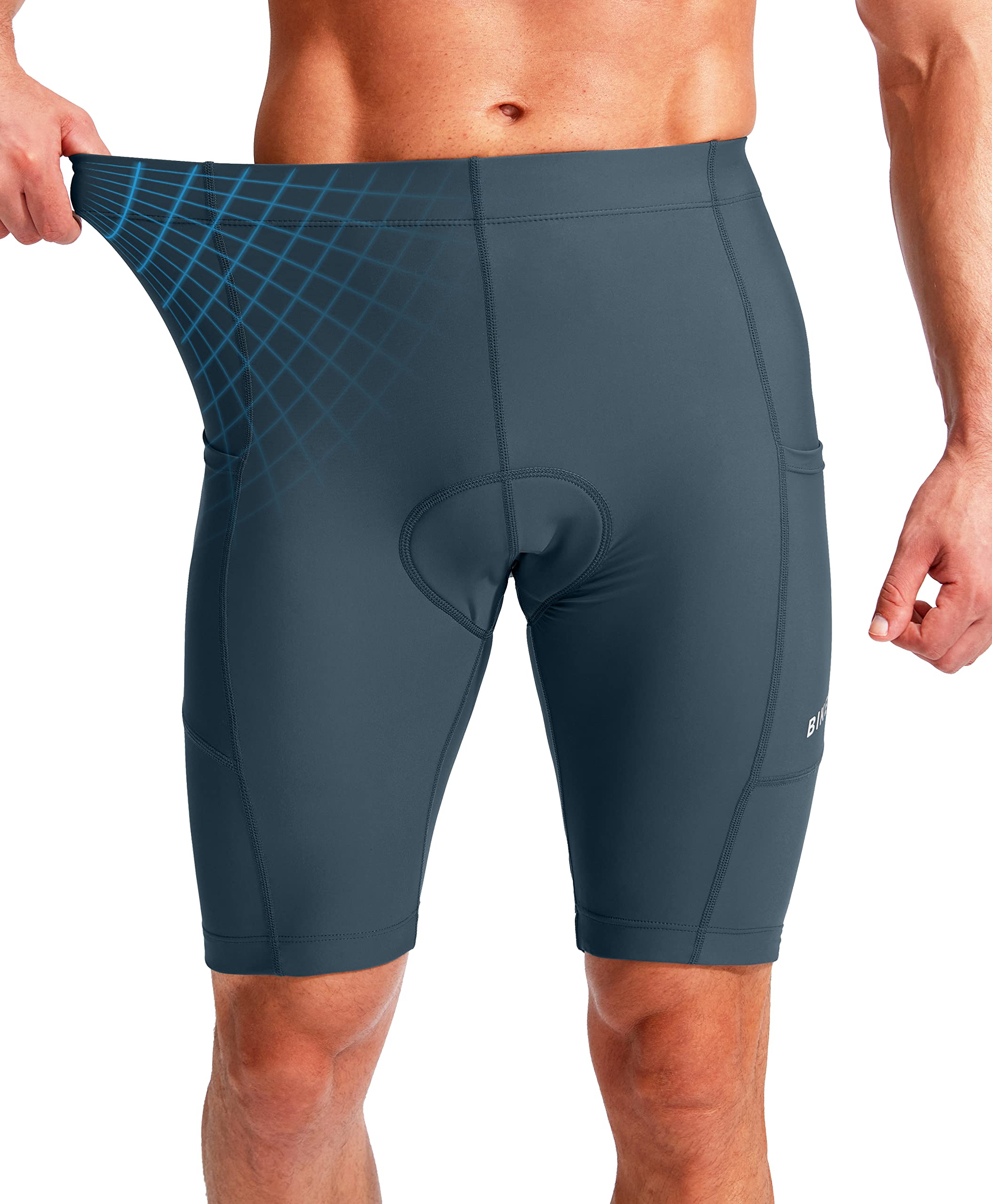 Men's Bike Shorts 3D Padded Cycling Road Biking Underwear Mountain Riding Biker Bicycle UPF 50+ Cycle Shorts Zipper Pockets(Blue Grey,L)