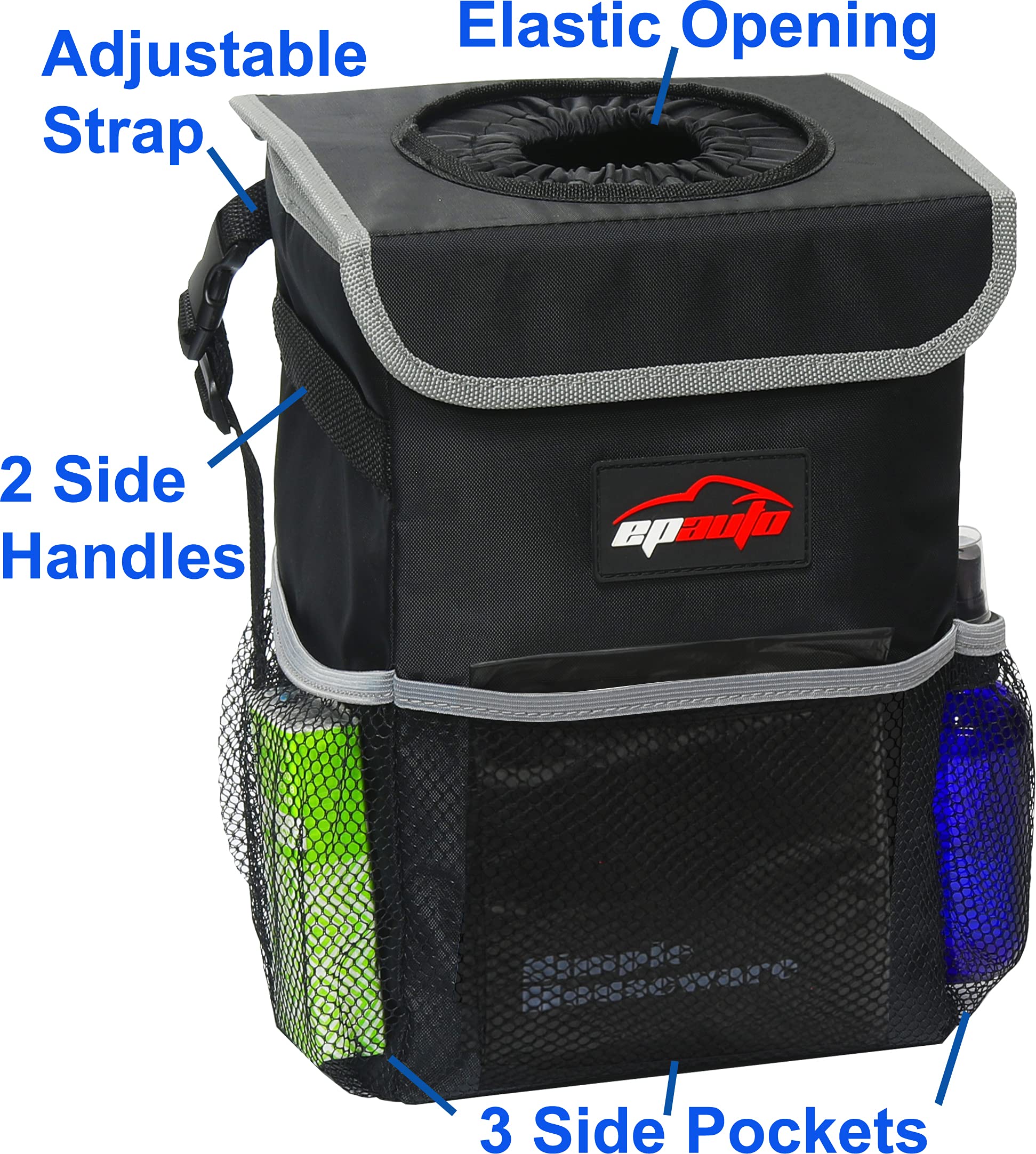 EPAuto Waterproof Car Trash Can with Lid and Storage Pockets, 2.5 Gallon, Black