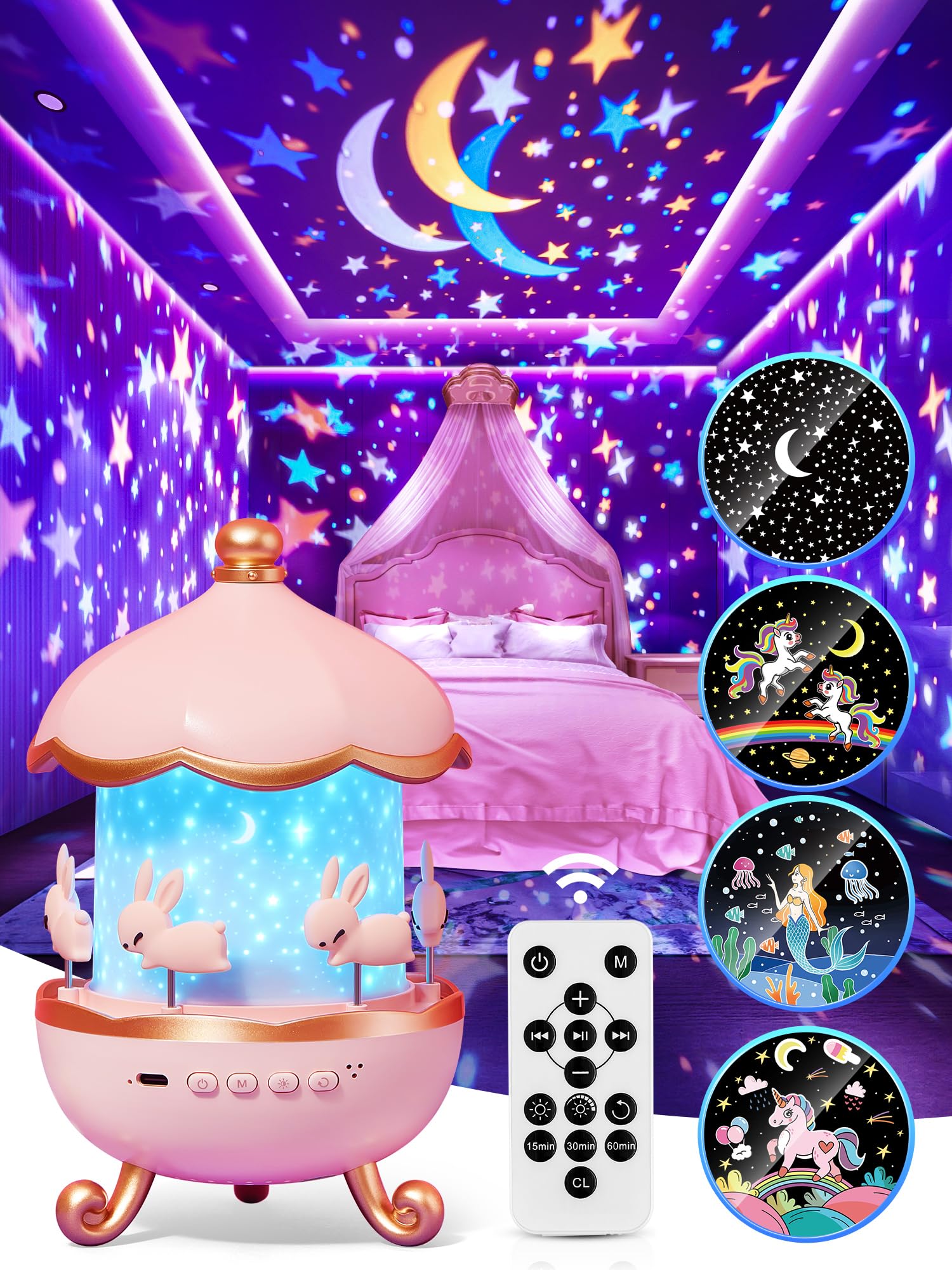 Carousel Night Light for Kids, 10 Music+15 Films+315 Colors Star Projector for Kids Night Light Projector,360°+Remote+1200mah Star Lights for Ceiling, Unicorn Toys for Girls Room Decor Princess Gifts