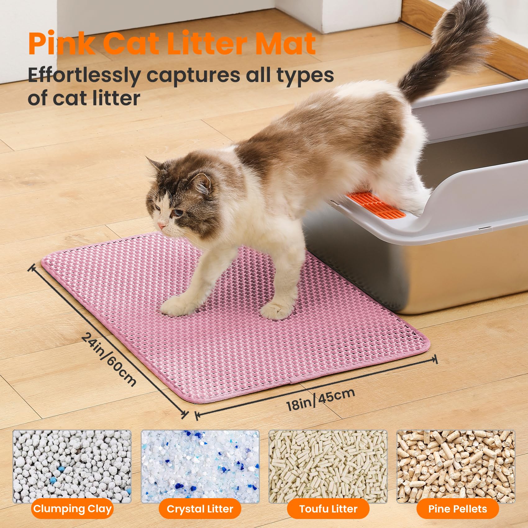 Petinstinct Cat Litter Mat, 24x18 Inches Large Double Layer Honeycomb Cat Litter Trapping Mat, Non Slip Waterproof Urine Proof Cat Litter Box Mat for Floor, Kitty Litter Rug, Cat Supplies, Pink