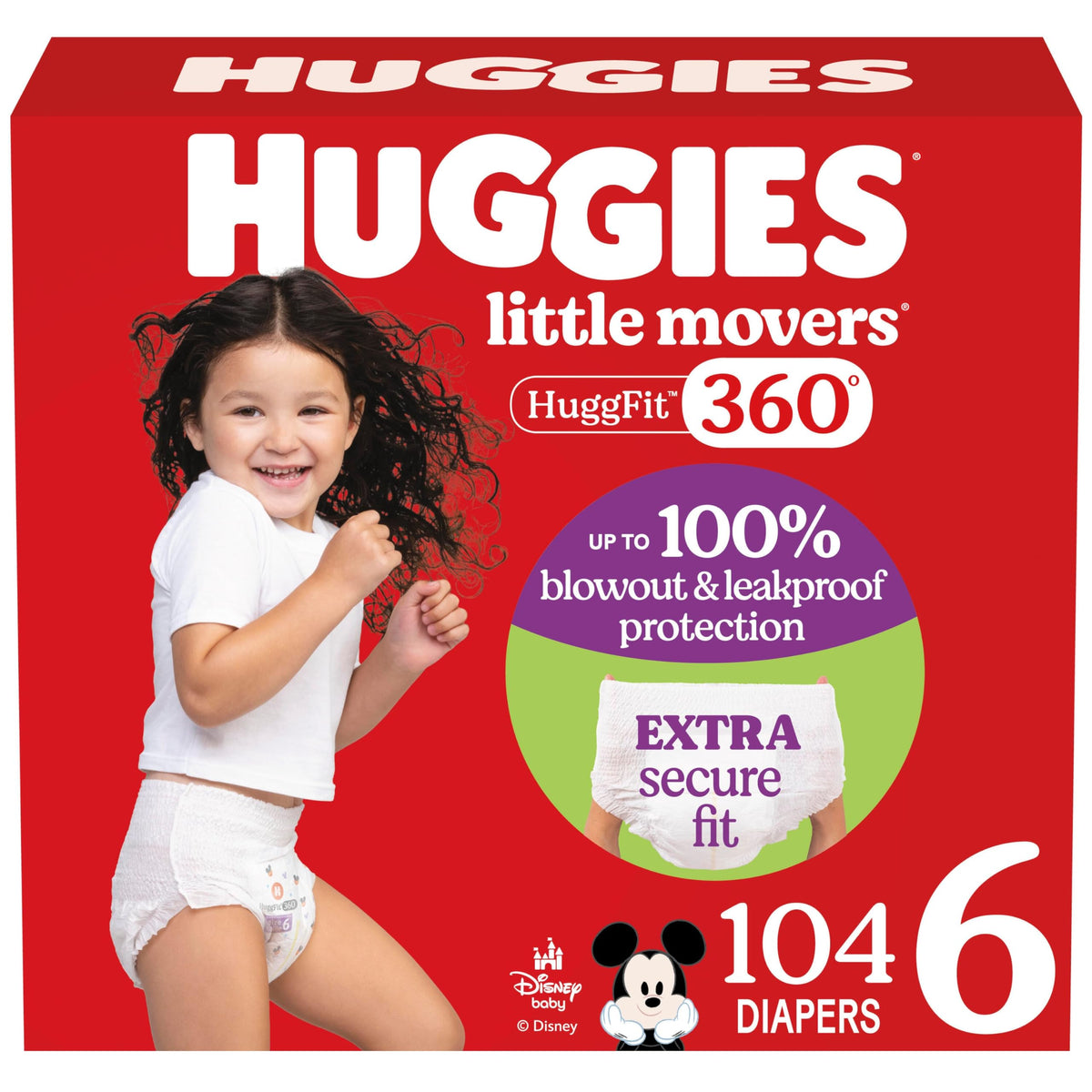 Huggies Size 6 Baby Diapers, Little Movers HuggFit 360 degrees Baby Diapers with 360 degrees Waistband, Size 6 (35+ lbs), 104 Count (2 Packs of 52), Packaging May Vary