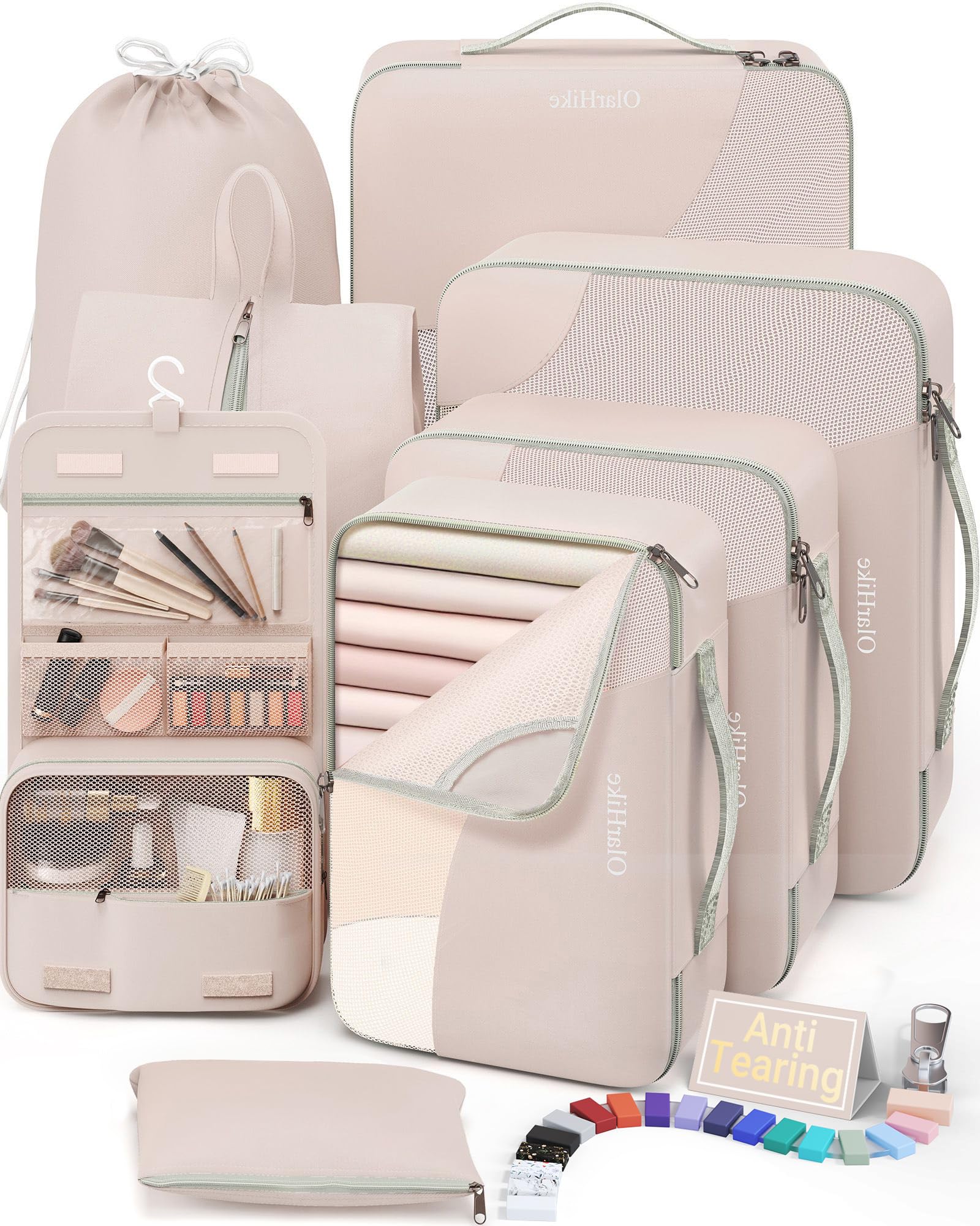10 Set/8 Set Packing Cubes for Travel, Gifts for Women Mom,Anti-Tearing Suitcase Organizer for Luggage with Shoe & Hanging Toiletry Bag,OlarHike Vacation Essentials & Accessories for Cruise Ship,Cream