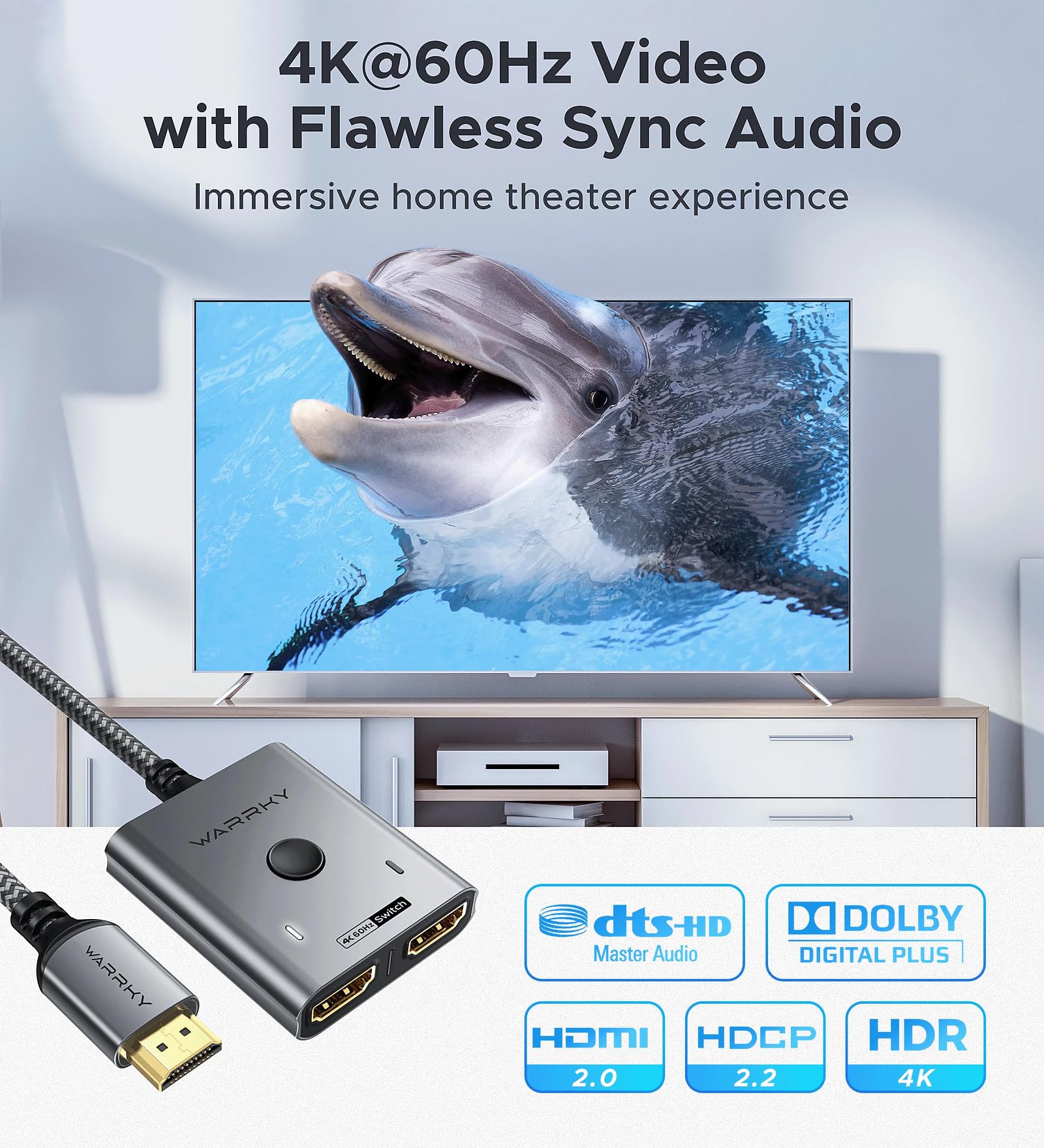 HDMI Switch 2 in 1 Out 4K@60Hz, WARRKY[with 3.3ft Fixed Braided HDMI Cable, Aluminum Case, 2K@144Hz, HDCP 2.2] Bidirectional 2x1 Switcher Splitter Compatible for PS5/4, Xbox, Roku, FireStick, Switch