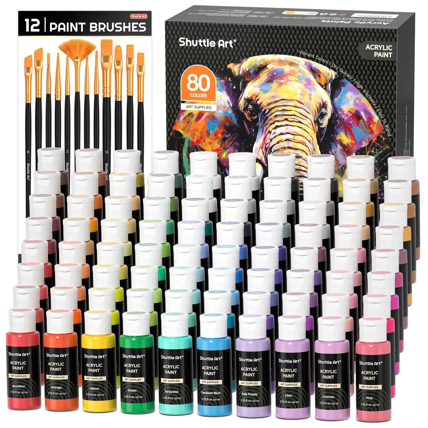 Shuttle Art Acrylic Paint Set, 36 Colors Acrylic Paint with Brushes & Palette, 2oz Bottles, Rich Pigments Non-toxic Paint for Artists Kids & Adults, Art Supplies for Canvas Rock Ceramic Wood Painting