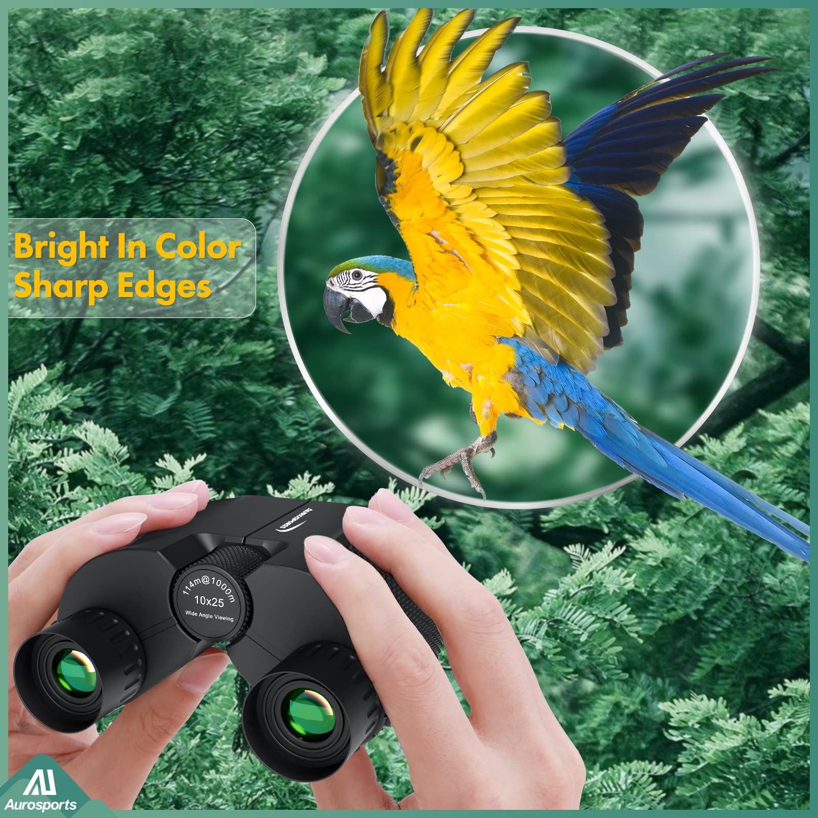 Aurosports 10x25 Binoculars for Adults and Kids, Large View Compact Binoculars with Low Light Vision, Easy Focus Small Binoculars for Bird Watching Outdoor Travel Sightseeing Concert Hunting Hiking