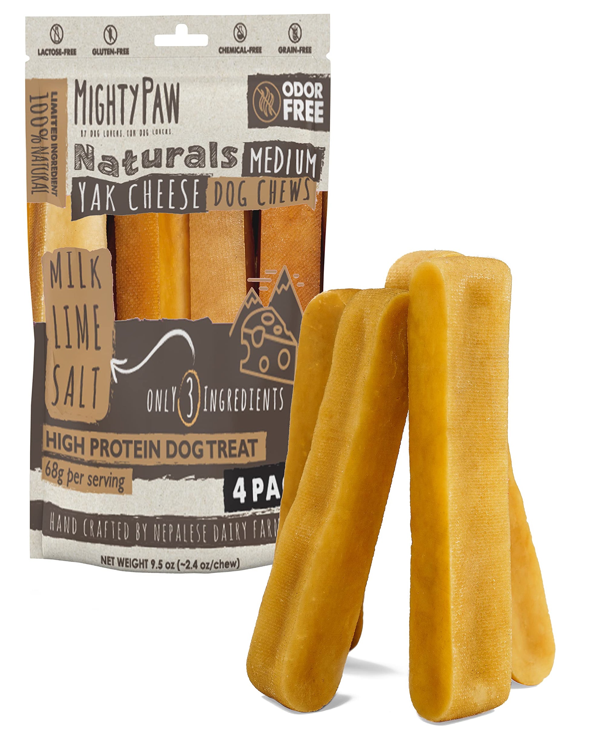 Mighty Paw Yak Cheese Dog Chews - All-Natural Treats for Dogs - High Protein Treat With 68 Grams Of Protein Per Chew - Delicious And Long Lasting - Odor Free With Limited Ingredients - (Large, 4 Pack)