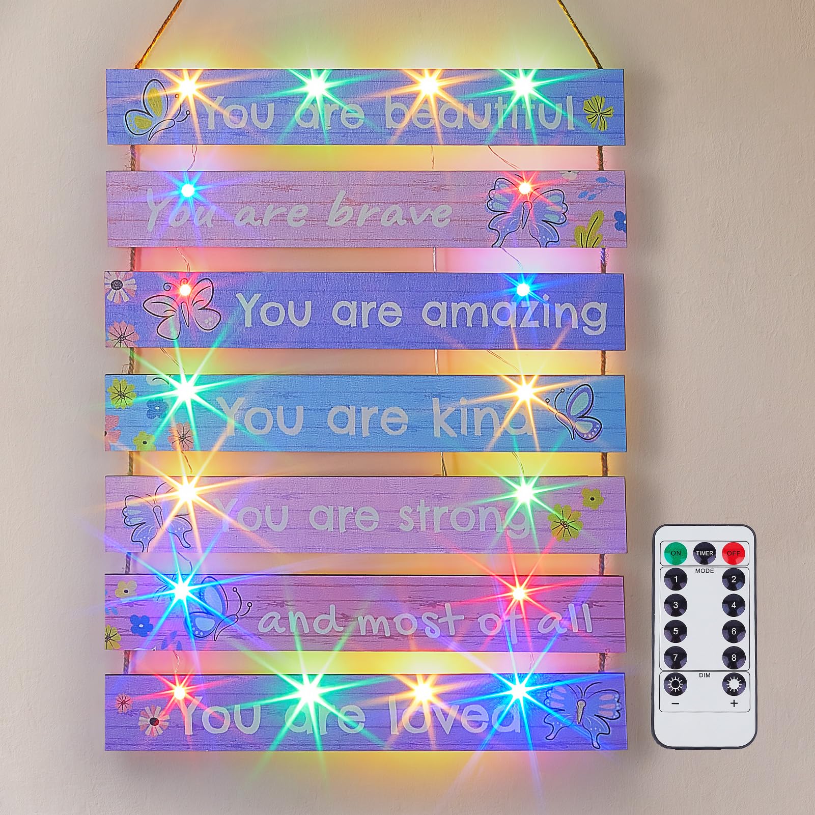 FIOBEE Girls Room Decor for Teen Girls Boys with LED Light Wall Decor for Bedroom Motivational Inspirational Wall Art Girl Room Decoration for Kids Studyroom, 8 Kinds of Lights, Purple Butterfly