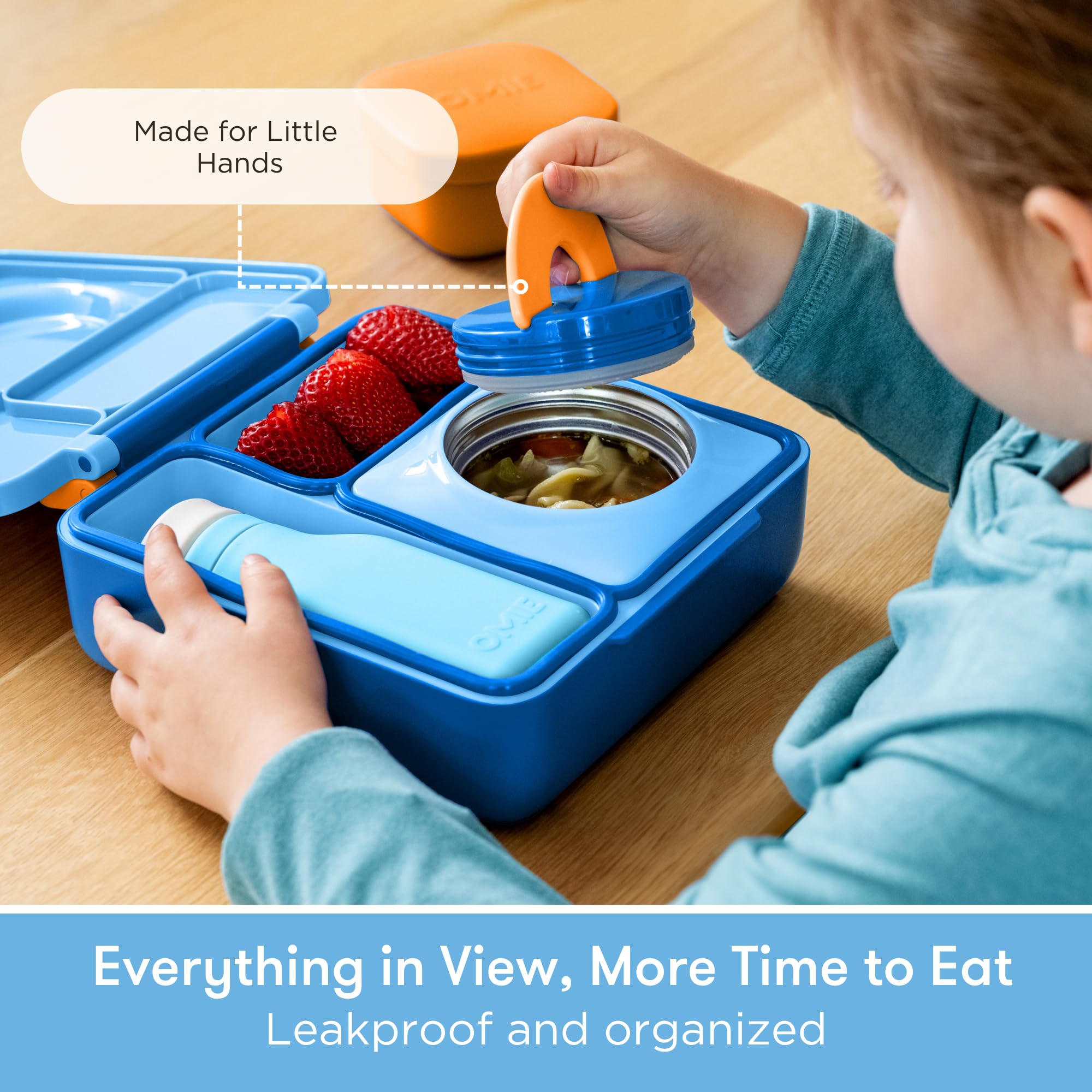OmieBox Bento Box for Kids - Insulated Bento Lunch Box with Leak Proof Vacuum Insulated Food Jar - 3 Compartments, Two Temperature Zones (Blue Sky)