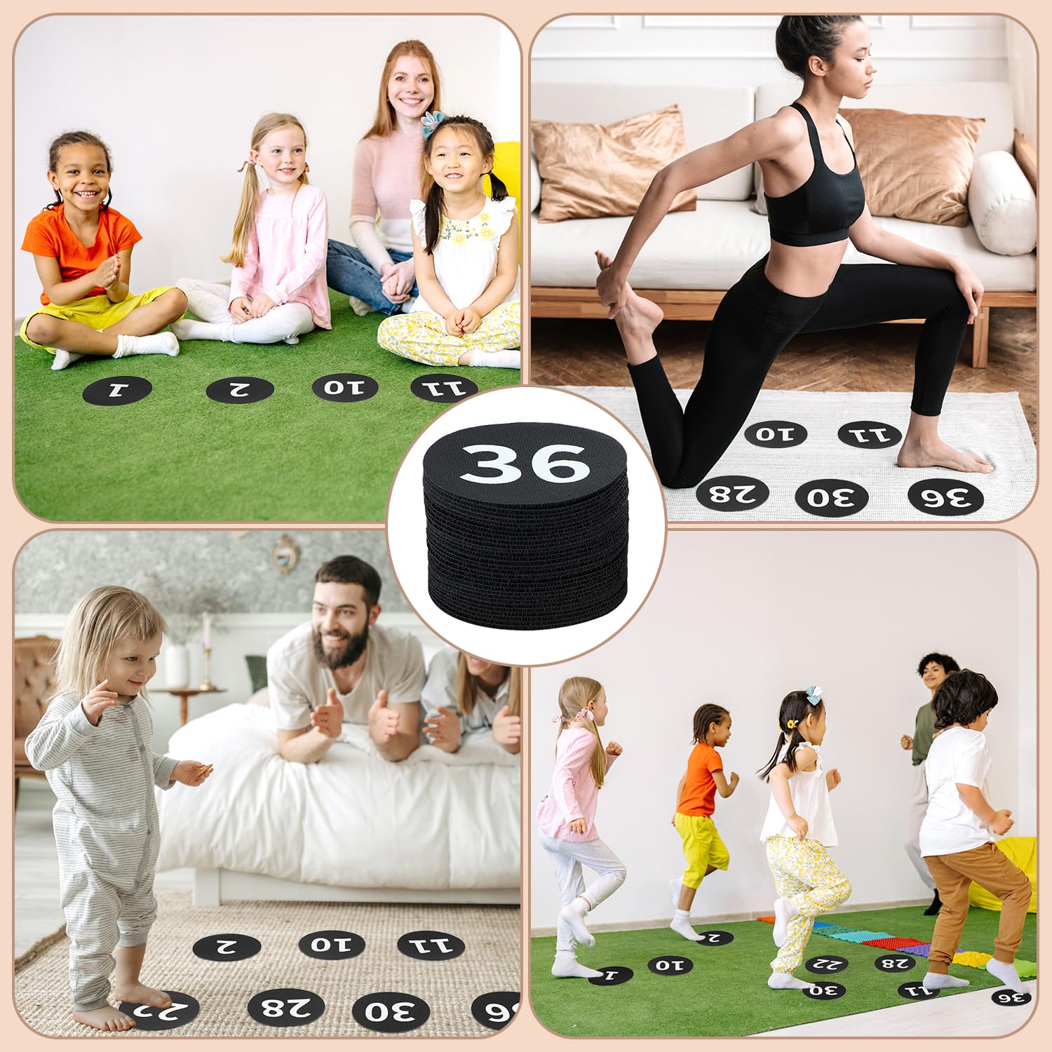 36 Pack Black Carpet Floor Circle Sit Markers with Numbers 1-36, Classroom Spot Markers for Teachers, Students, Kids - 4 Inch Floor Dots for Home, Elementary, Preschool