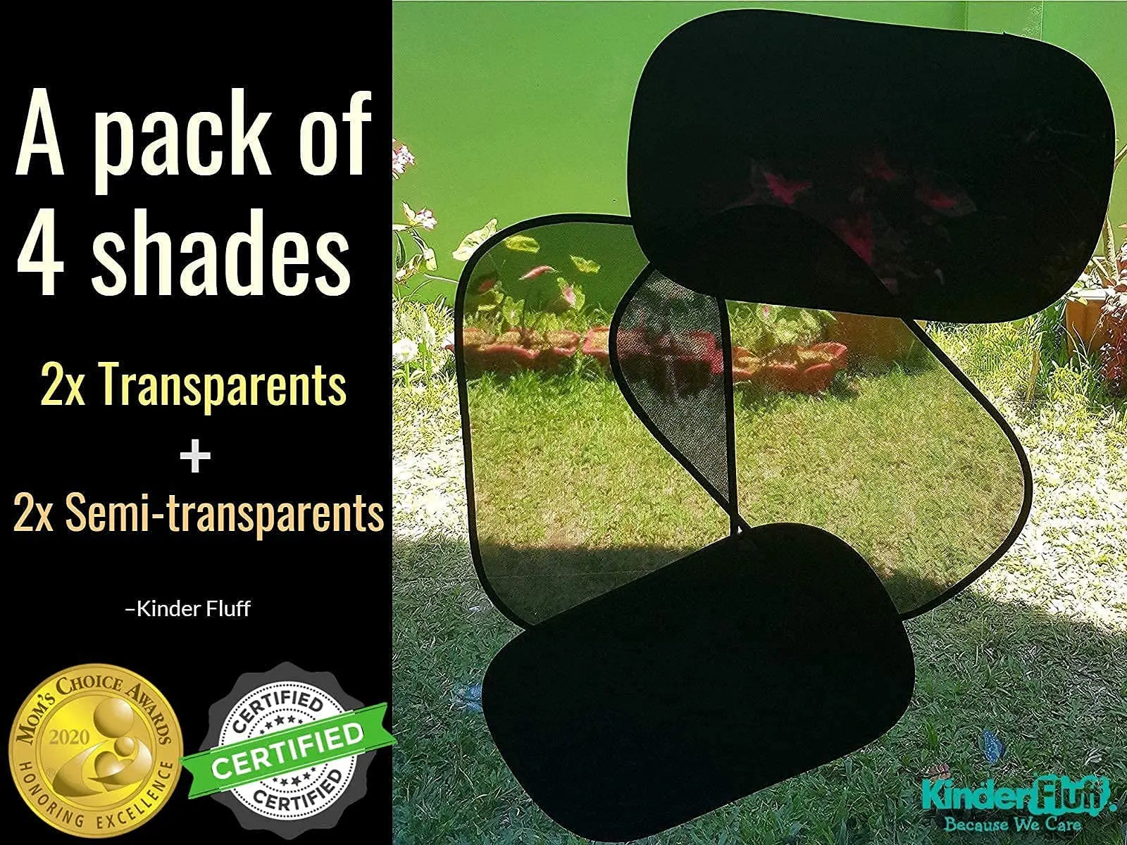 kinder Fluff Car Window Shade (4Pack)-The Only Certified Car Window Sun Shade for Baby Proven to Block 99.95% UVR - Mom's Choice Gold Award - Side Window Sunshades - Standard