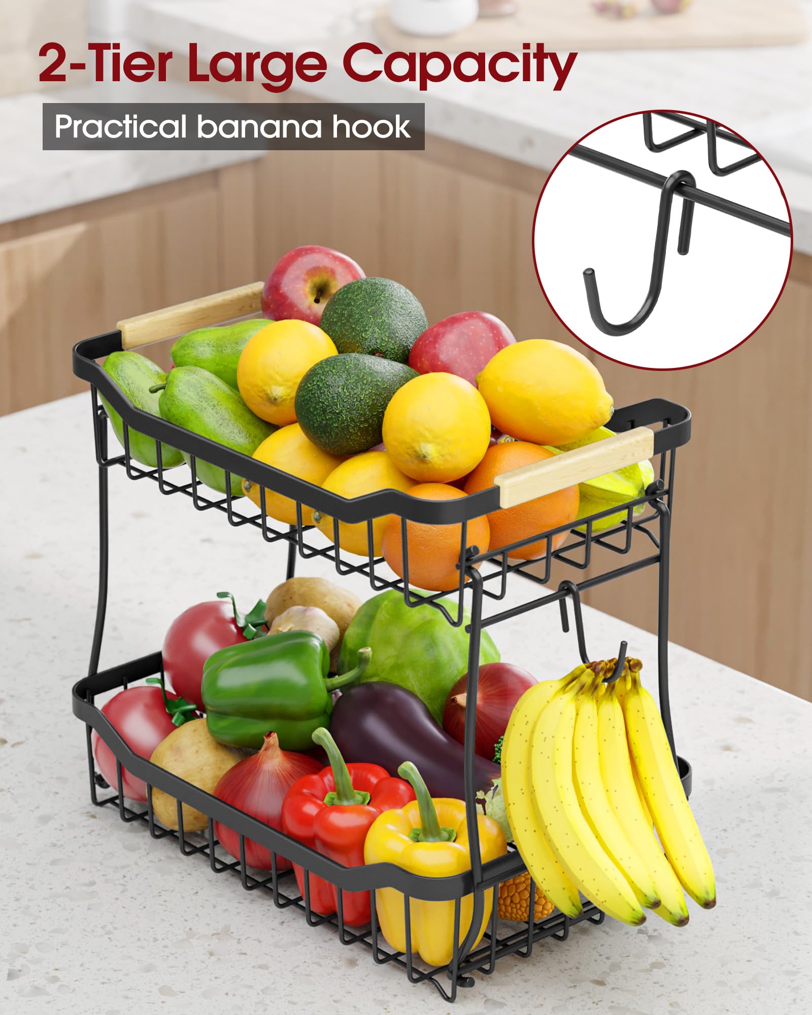 Sakugi Fruit Basket for Kitchen Counter - 2 Tier Detachable Fruit Vegetable Basket with Banana Hanger, Metal Countertop Fruit Stand with Wooden Handle, Black,7.3" D x 11.2" W x 10.3" H