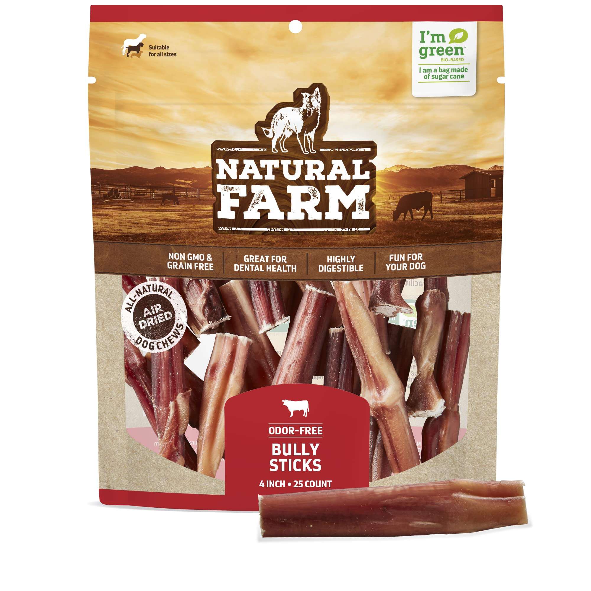 Natural Farm Odor-Free Bully Sticks (6 Inch, 20 Pack), 100% Beef Chews for Pups, Small and Medium Dogs, Non-GMO, Grain-Free, Fully Digestible, Natural Treats to Keep Your Dog Busy