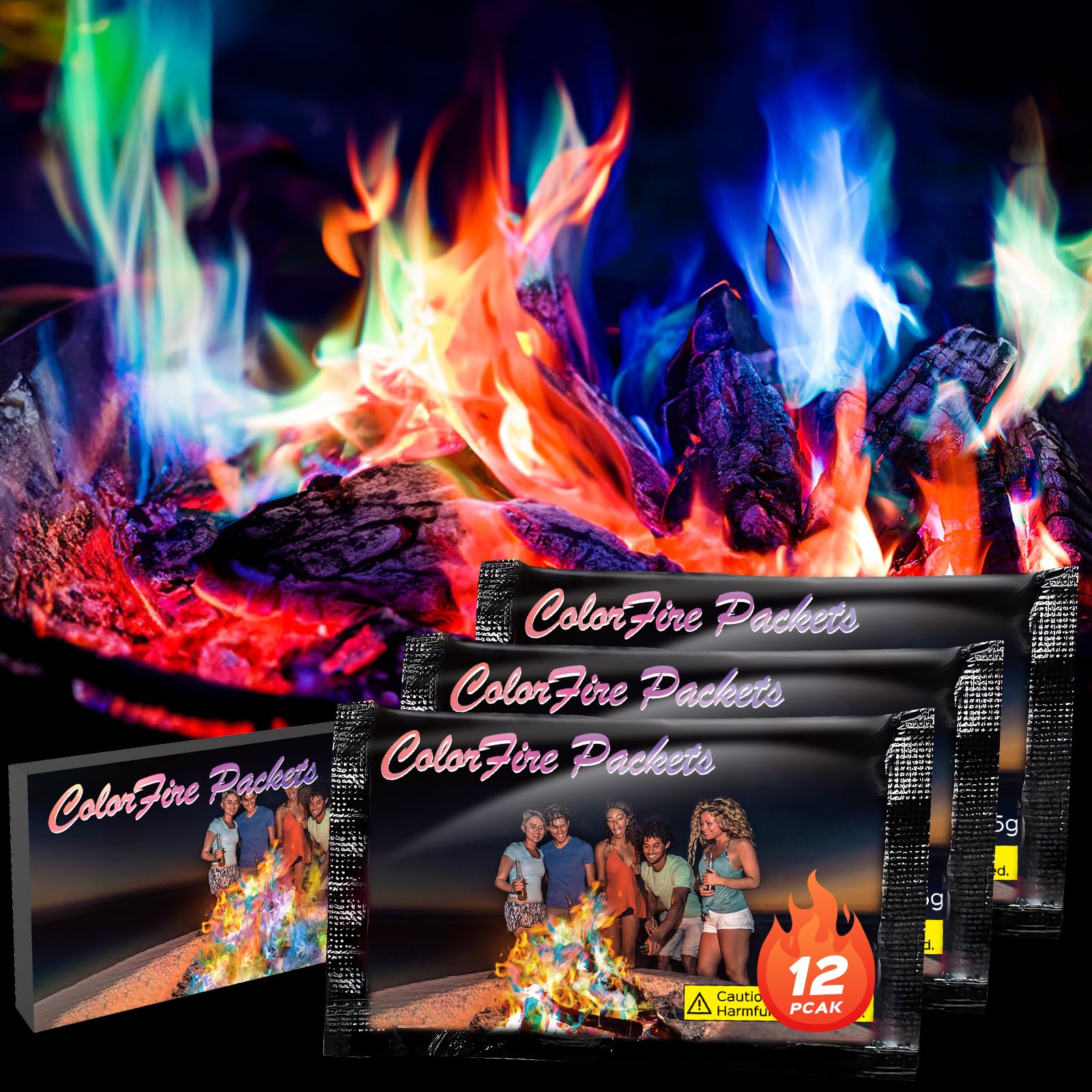 12 Pack Colorful Flames Magic Fire Packets Fire Pit for Campfires and Fire Pits,Fire Color Packets Camping Accessories for Kids & Adults,Outdoor Fire Changing Cosmic Flame Powder. (12 Packets)