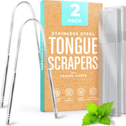 BASIC CONCEPTS Tongue Scraper (2 Pack), Reduce Bad Breath (Travel Cases Included), Stainless Steel Tongue Cleaners, Metal Tongue Scraper, Tongue Scraper for Adults - Fresher Breath in Seconds
