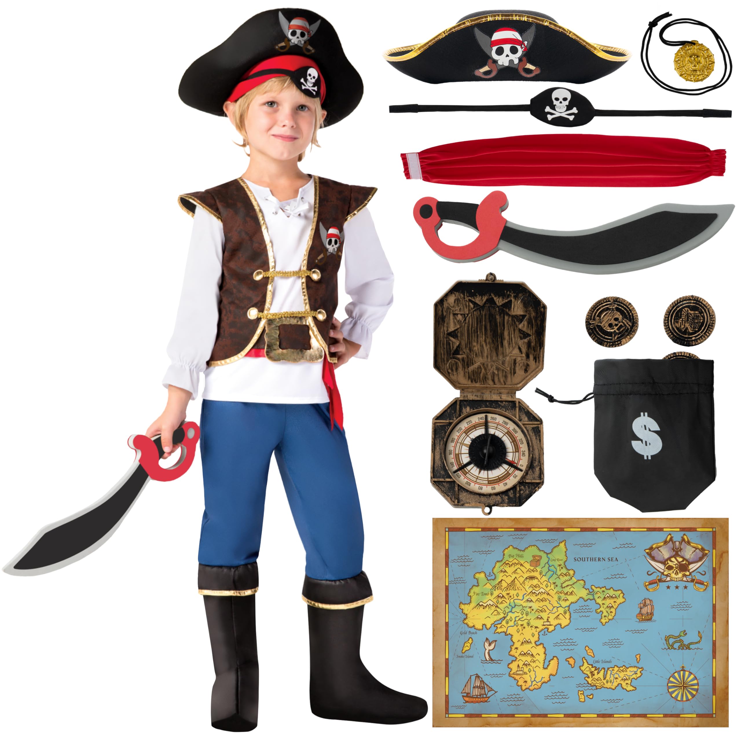 Spooktacular Creations Halloween Pirate Costume Kids, Blue Boys Pirate Costume Set, Pirate Accessories Costume for Toddler Dress-Up, Themed Party (Small 5-7)