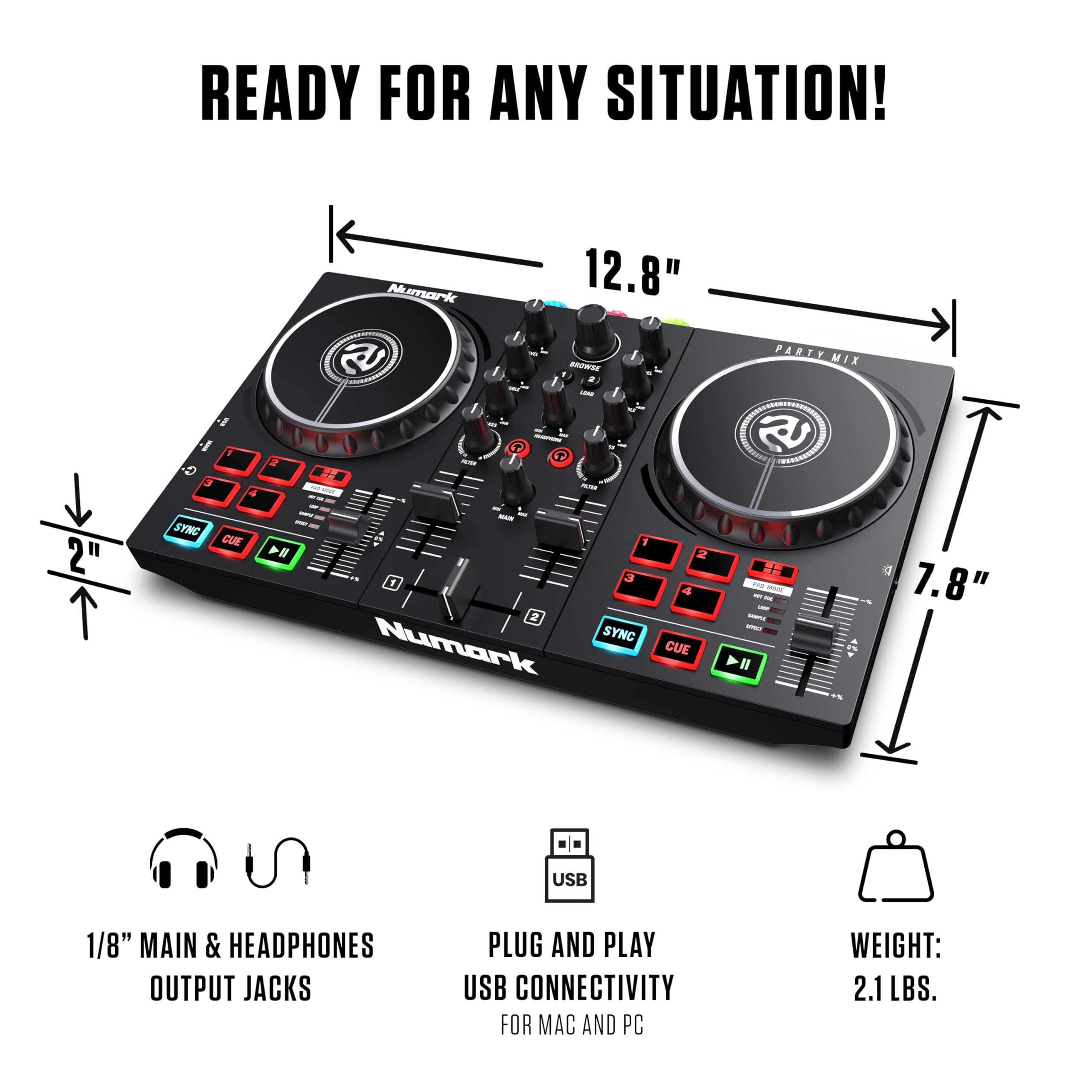 Numark Party Mix DJ Controller with Lights, 2 Decks, Mixer, Audio Interface and (Serato Lite)