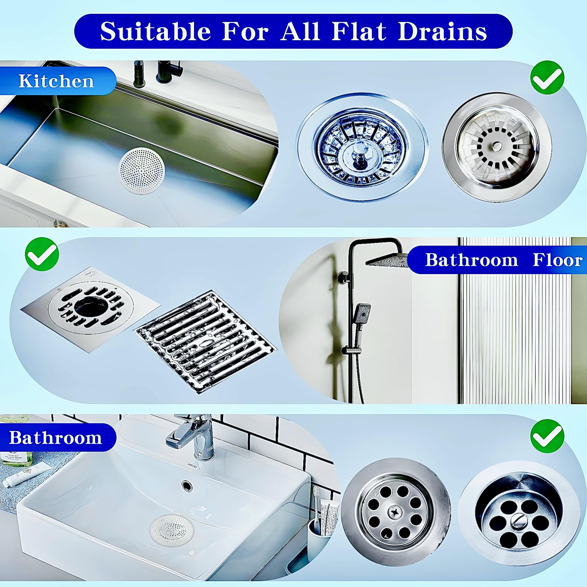 Cynn Select Shower Drain Hair Catcher,2PCS,4.72'',Flat Drain Hair Catcher,Shower Drain Cover/Filter, Bathroom/Kitchen Sink Drain Strainer,Stainless Steel and TPE