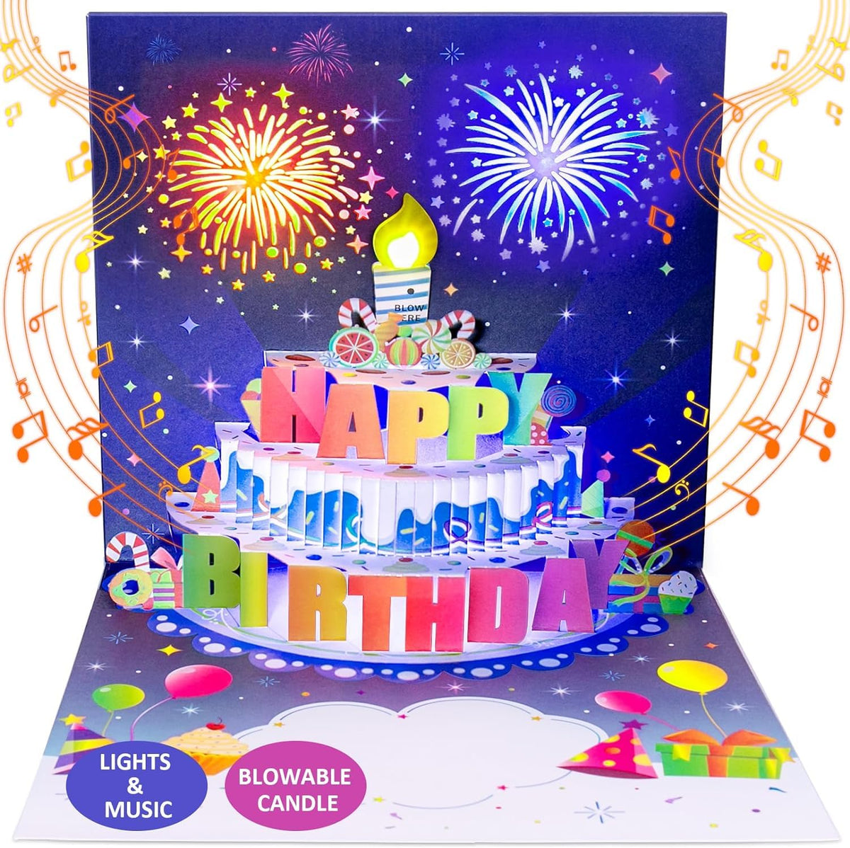 INPHER Geburtstagskarten Feuerwerk Pop Up Kuchen Ausblasbare Licht- und Musik-Happy Birthday Karte Geschenke für Frauen Männer Mama Kinder