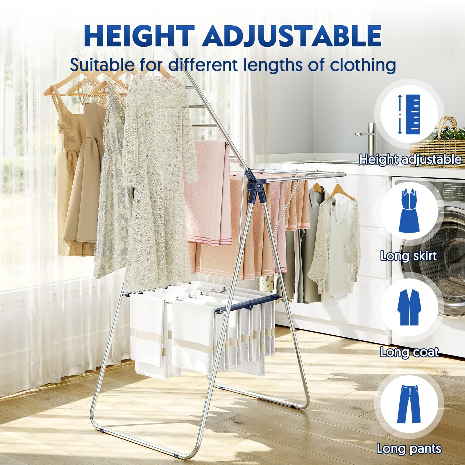 APEXCHASER Clothes Drying Rack, Stainless Steel Drying Rack Clothing with Height-Adjustable, Foldable Gullwings Laundry Drying Rack, Indoor Outdoor Use, No Assembly