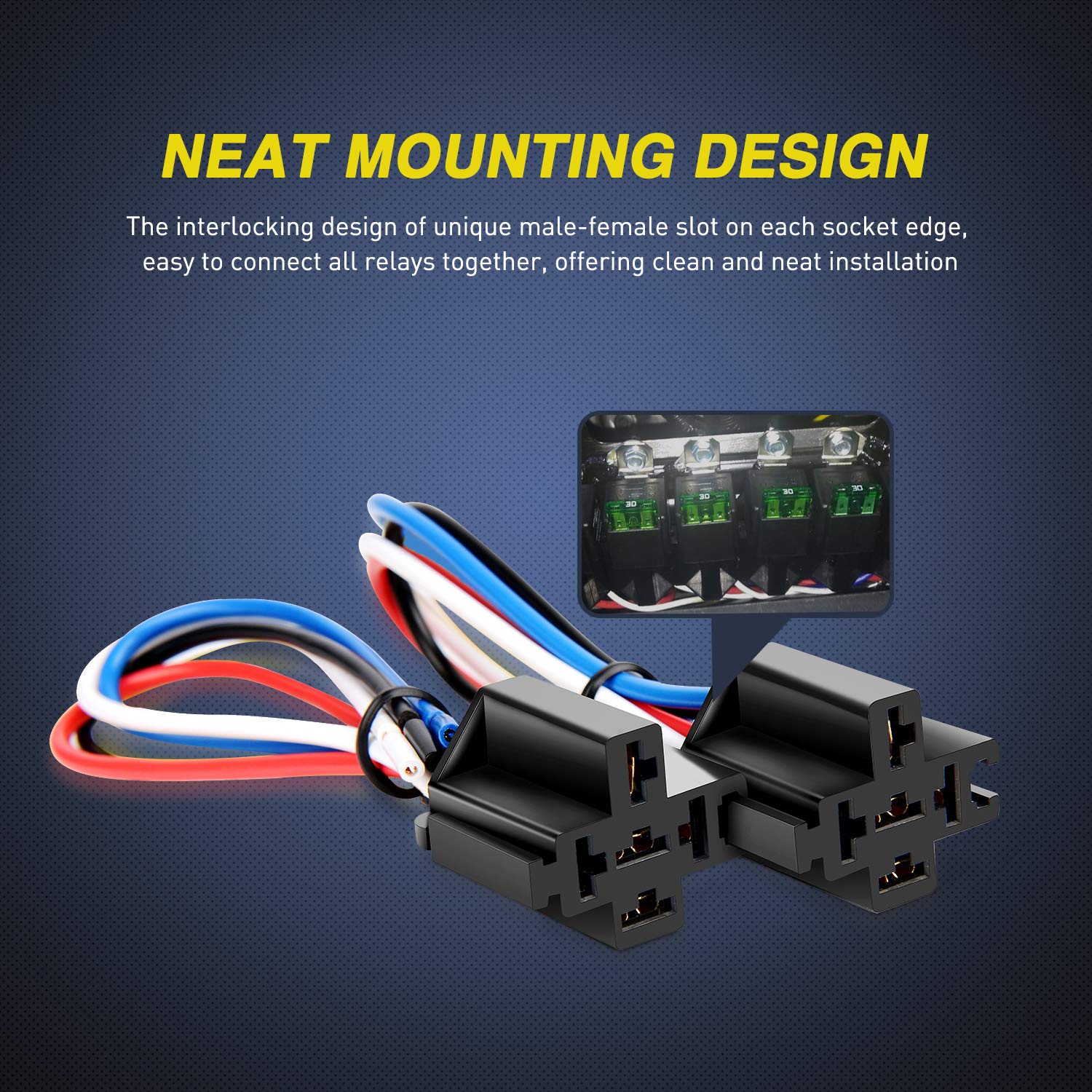 Nilight 50023R 5 Pack 30A Fused Relay Switch Kit 12V 4 Pin SPST Relay Interlocking Harness Socket Holder 30 Amp 12 Volt Automotive Relays with Fuse for Auto Cars Trucks RV
