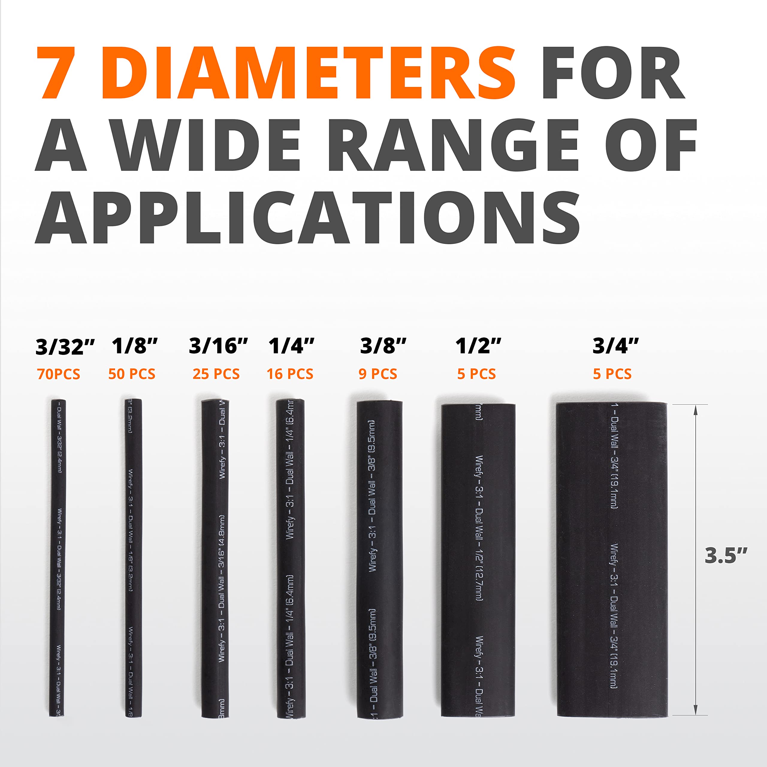 Wirefy Heat Shrink Tubing Kit 180 PCS - 3:1 Ratio Adhesive Lined, Wire Shrink Wrap Tubing - Industrial Heat-Shrink Tubing - Black - Shrink Wrap Tubing | Trusted UL Certification