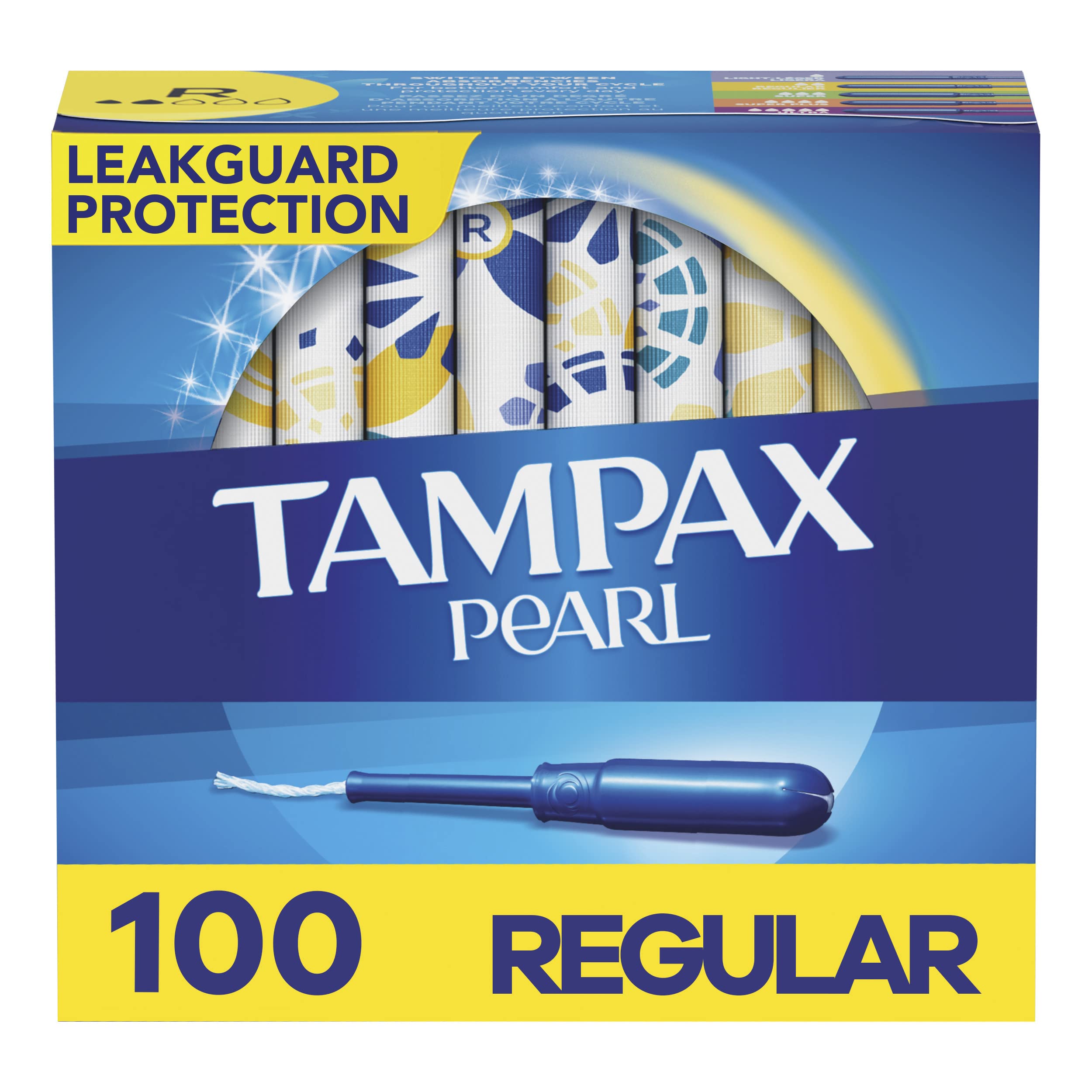 Tampax Pearl Tampons Regular Absorbency, With Leakguard Braid, Unscented, 50 Count x 2 Packs (100 Count total)